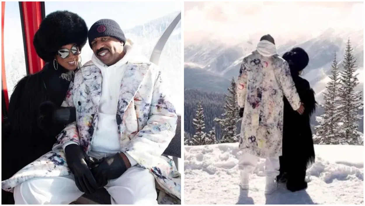 Steve Harvey and his wife enjoy the happiness of Valentine's Day 2024 watching the sunrise together on a snowy mountain top