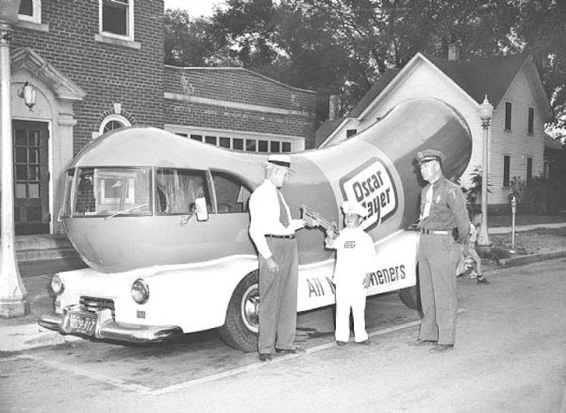 Images showcasing the evolution of Oscar Mayer's Wienermobile, America's beloved driving dog.