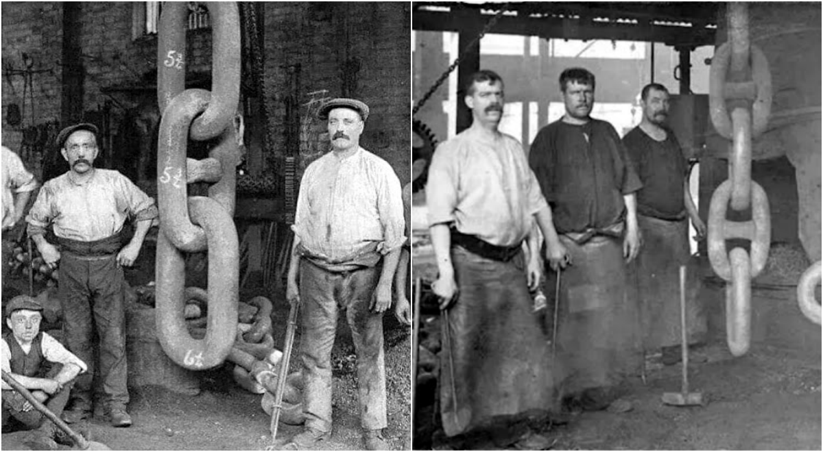 Workers Standing Next to the Chain Used for the Titanic’s Anchor, ca. 1910