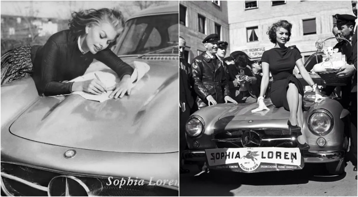 Foto d'epoca di Sophia Loren con la sua SL300 Gullwing del 1955 Foto d'epoca di Sophia Loren con la sua SL300 Gullwing del 1955