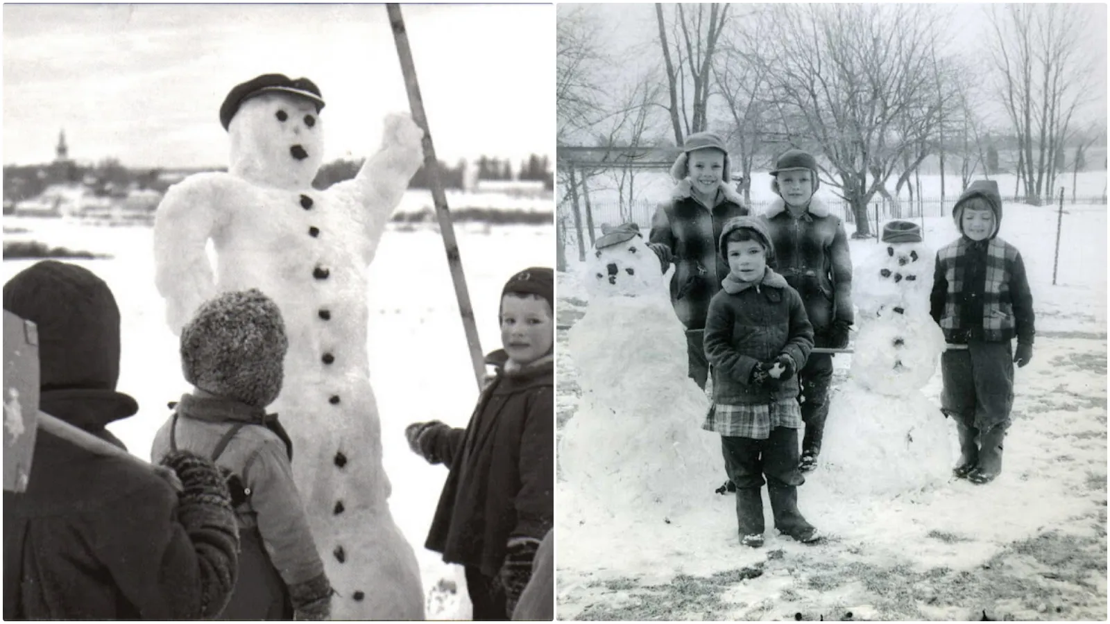 Charmante Vintage-Aufnahmen - Kinder bauen Schneemänner im Winter