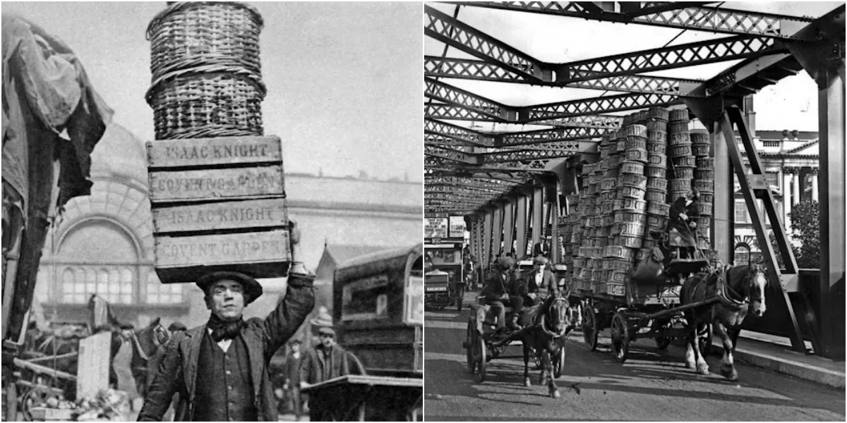 Stunning Photographs Depict Porters at London's Covent Garden Market Masterfully Balancing Towers of Baskets Atop Their Heads