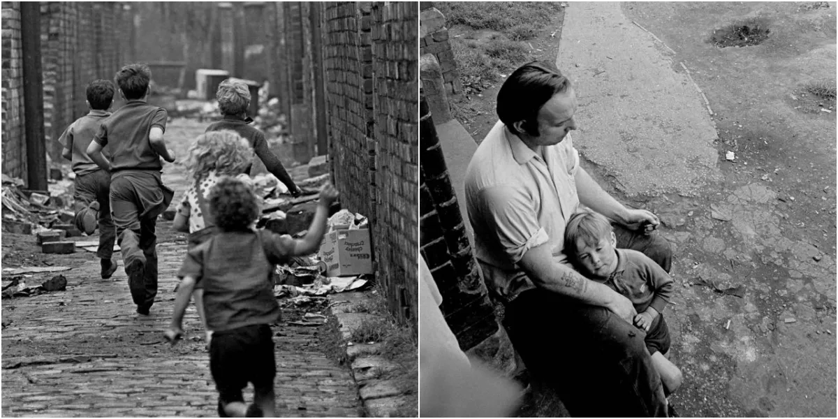 Captivating imagery offering a glimpse into the stark realities of slum life in late 1960s and early 1970s Manchester.