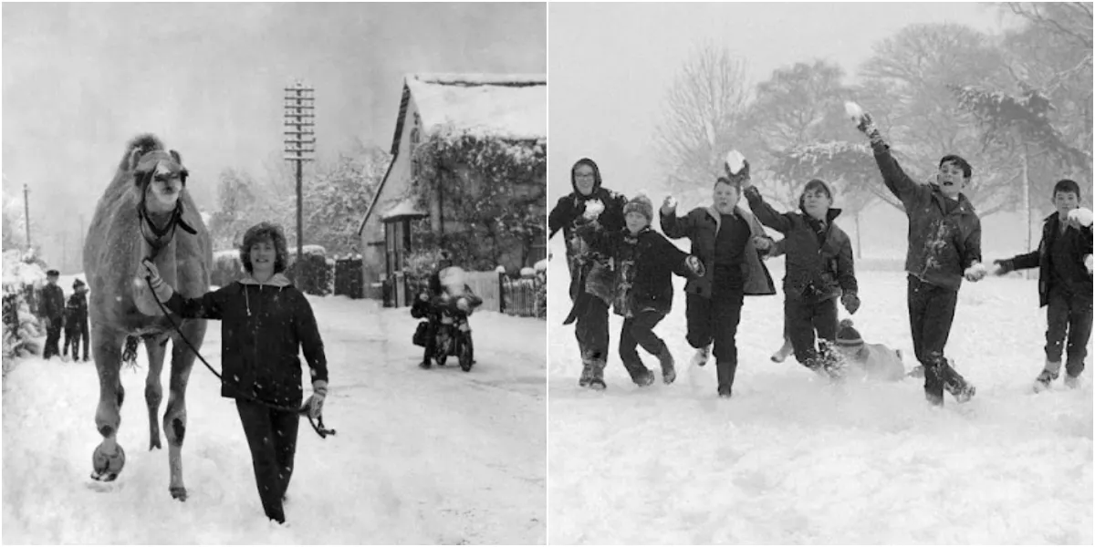 "Captivating snapshots of England's winter charm: Step back in time with enchanting black-and-white photographs from the 1960s, revealing the joyous spirit of people amidst the cold season