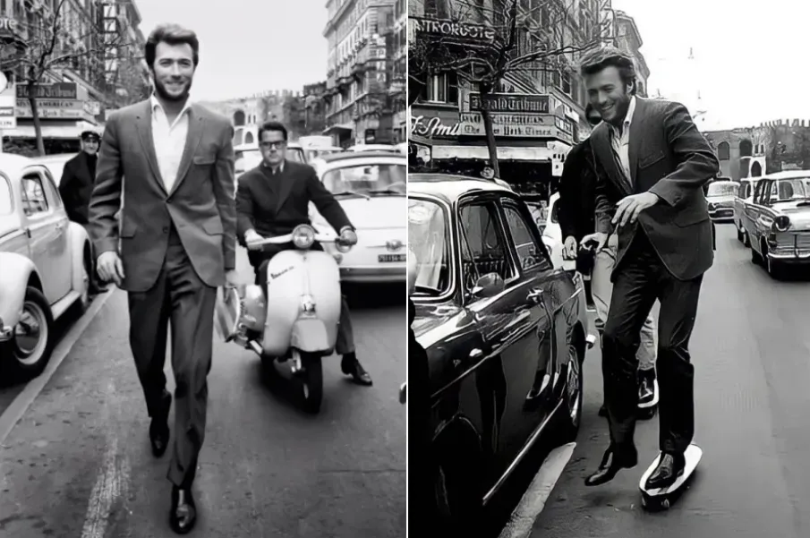 Clint Eastwood sullo skateboard in Via Veneto, Roma nel 1965