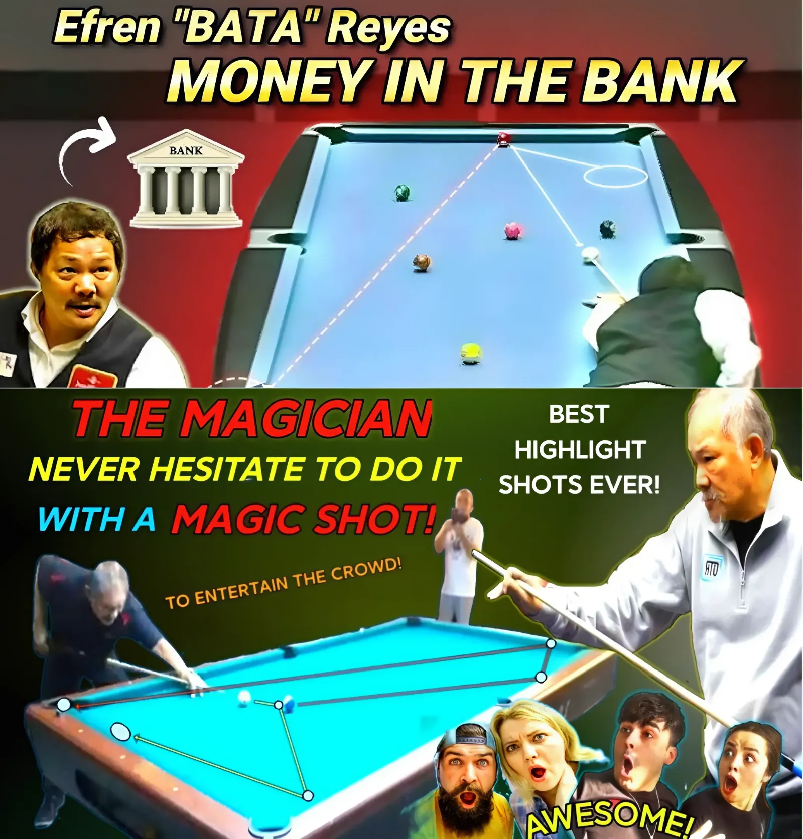 EFREN REYES AMAZING 4 RAIL MAGIC SHOTS! THAT MADE HIM CALLED THE MAGICIAN BEST HIGHLIGHTS COLLECTION