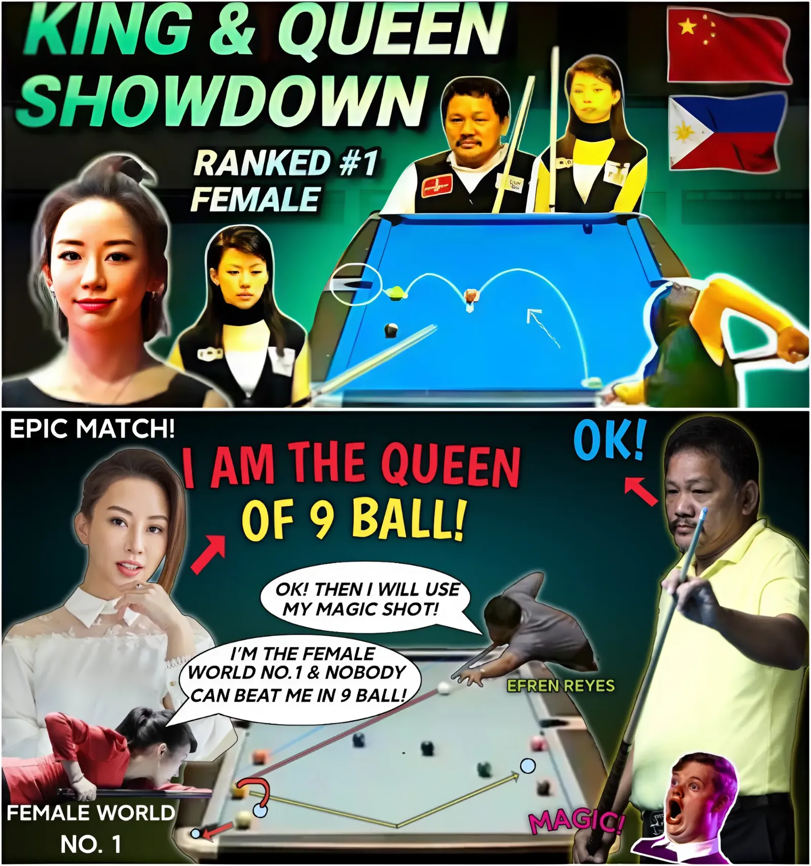 Epic Match of The Decade! Efren Bata Reyes the Magician vs. the Queen of 9 Ball & Current Female World No.1 Billiard Player