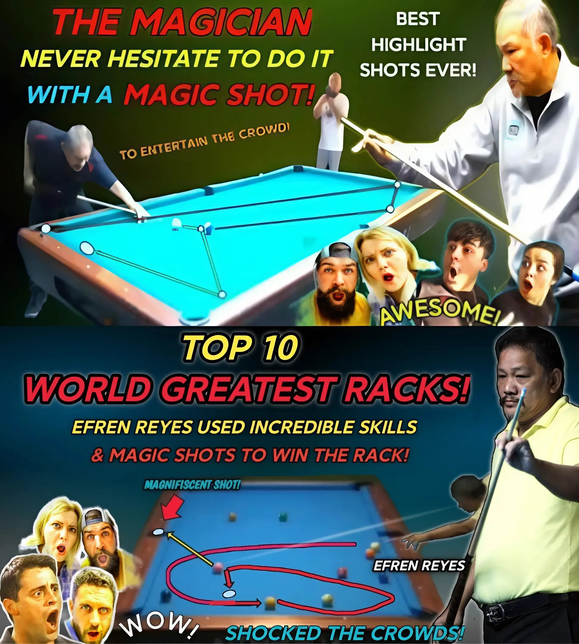 🏆 Efren Bata Reyes Top 10 best shots in the world that shocked the crowd...