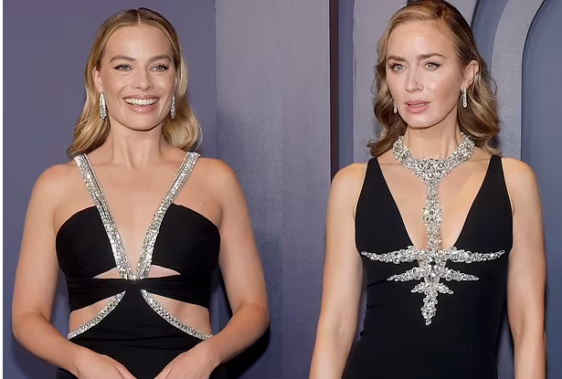 Margot Robbie and Emily Blunt go head-to-head in similar plunging black gowns with stone-trimmed collars at Governors Awards in Los Angeles