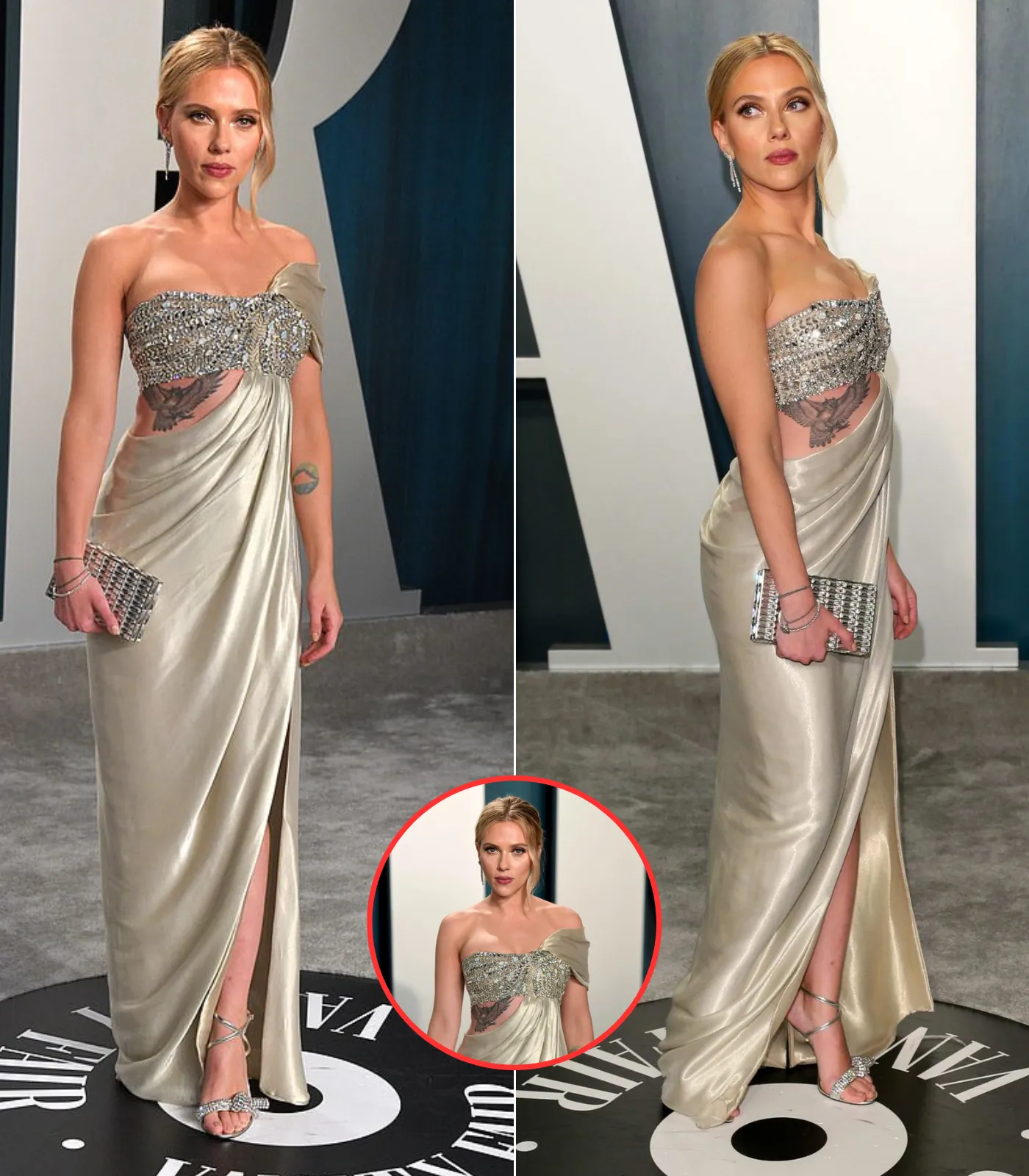 Scarlett Johansson displays her lithe physique and dark bird tattoo in risqué embellished gown at the Vanity Fair after-party with fiancé Colin Jost after losing out on TWO Academy Awards