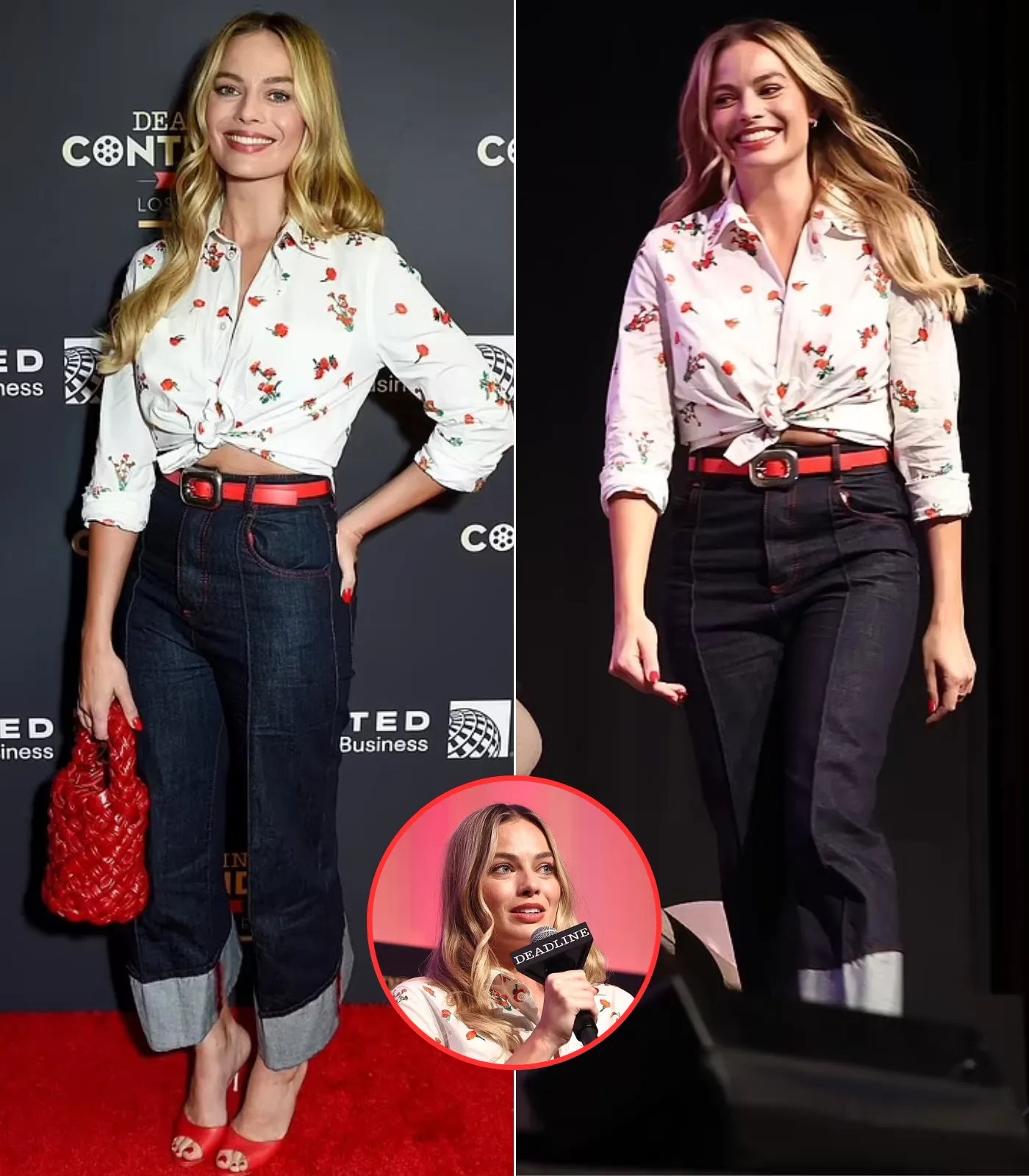 Margot Robbie is retro chic in a red floral top and dark denim jeans as she attends the star-studded Deadline Contenders event in Los Angeles