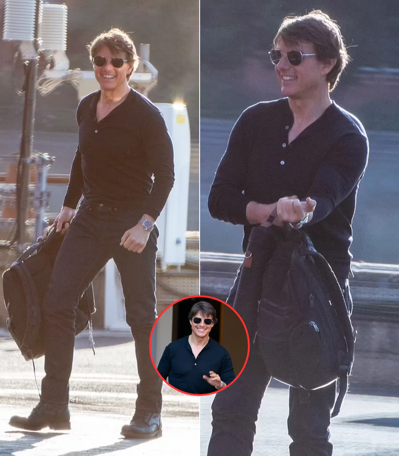 Tom Cruise flashes a huge smile and a friendly wave as he arrives in London by helicopter