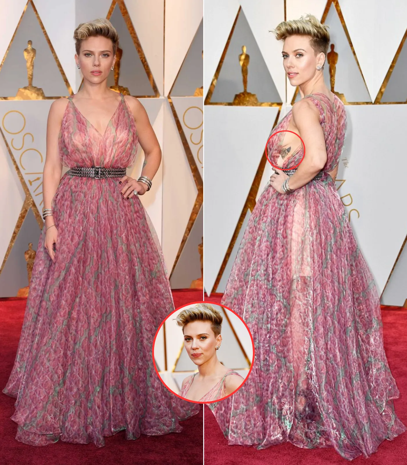 Scarlett Johansson flashes sideboob and rarely seen tattoo in revealing gown as she goes solo on the Oscars red carpet