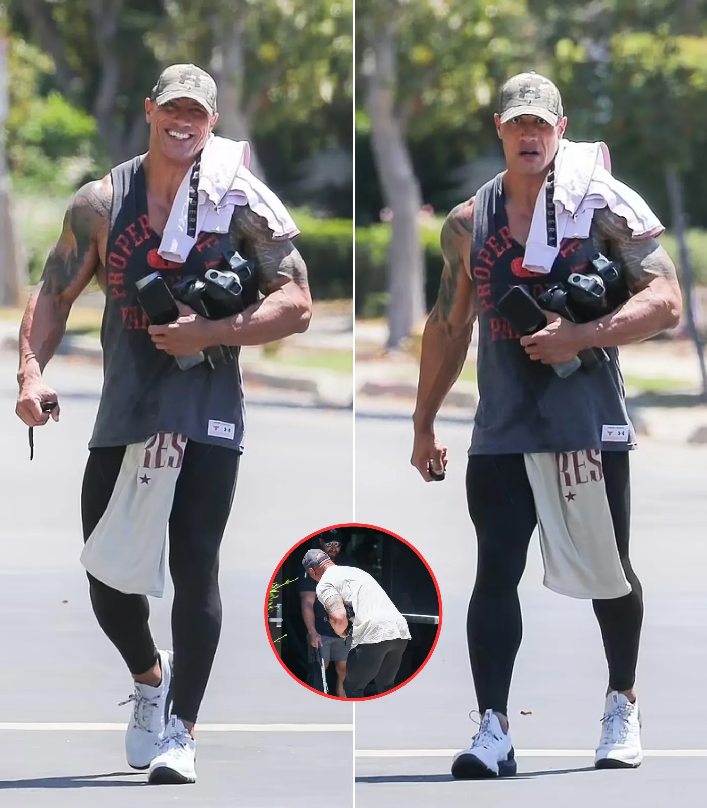 Dwayne 'The Rock' Johnson puts his bulging biceps on display as he hits the gym carrying FOUR water bottles