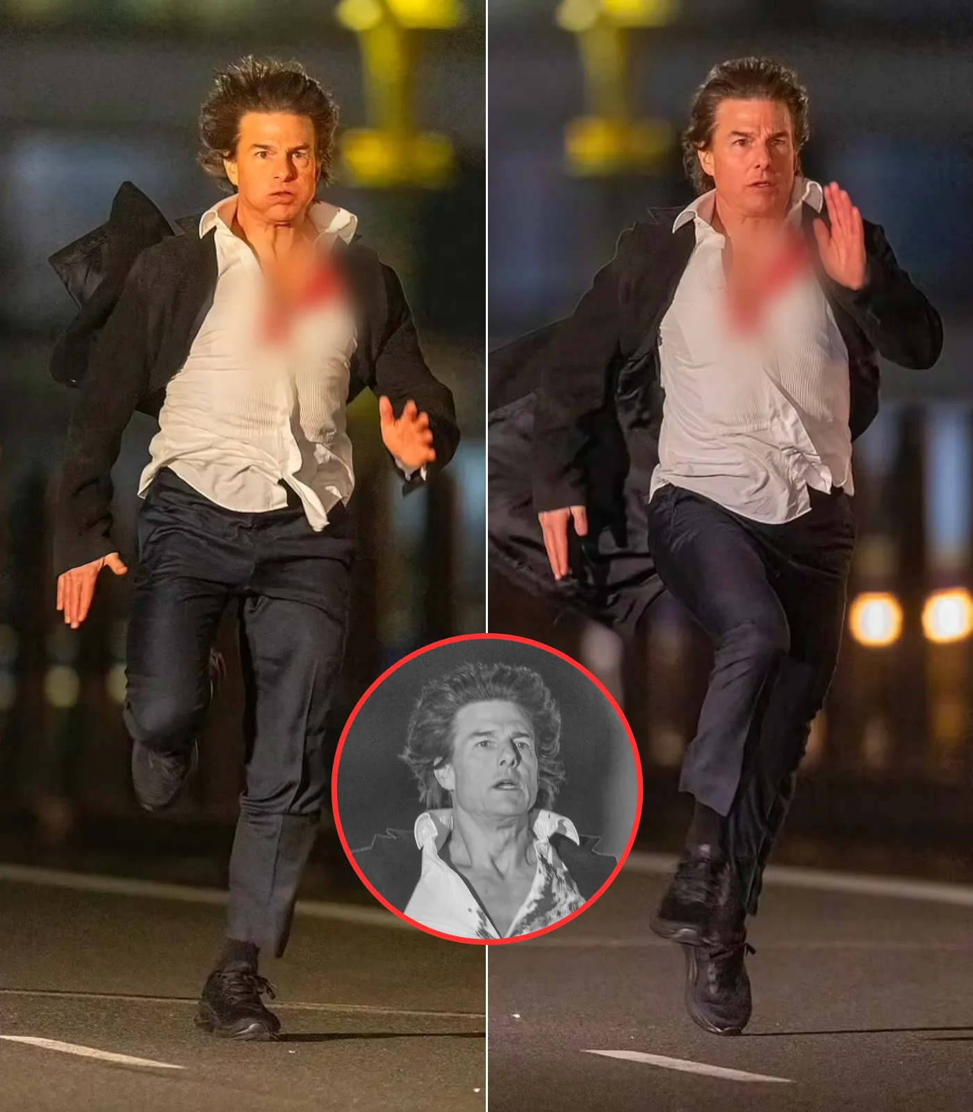 Tom Cruise sports a bloodied shirt as he sprints across Westminster Bridge while filming a high-octane chase scene at the Houses of Parliament for Mission: Impossible eight