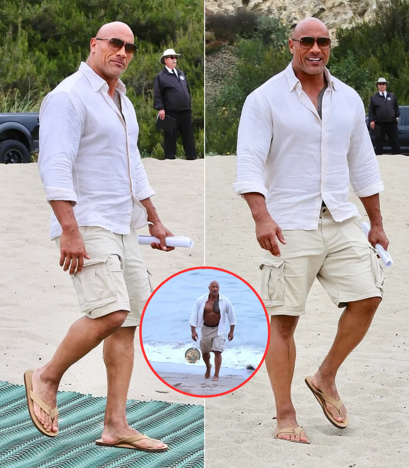 Dwayne Johnson shows off chest tattoo and toned legs as he films on Malibu beach