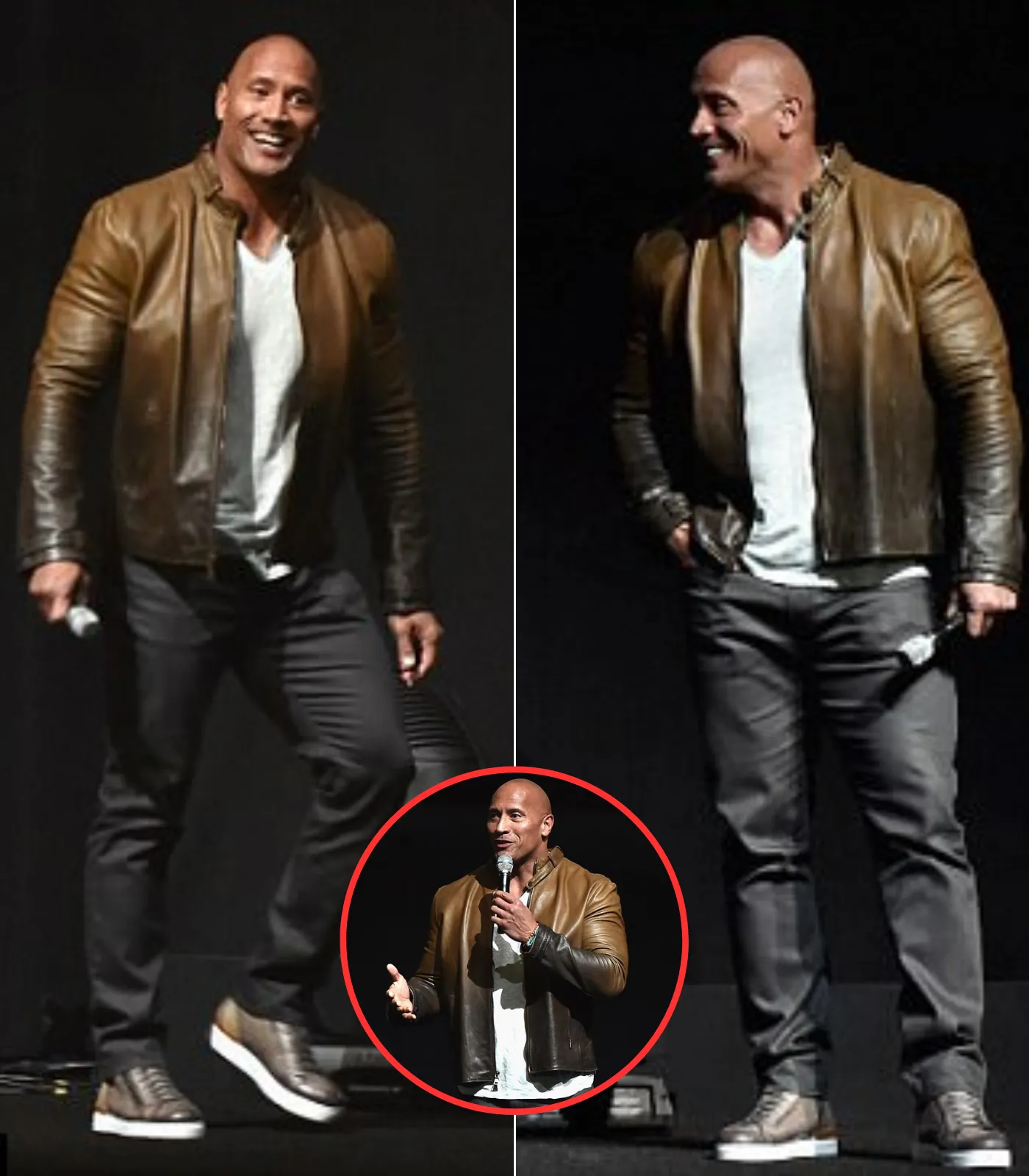 Dwayne 'The Rock' Johnson shows off his huge biceps in leather jacket as he promotes Jumanji reboot
