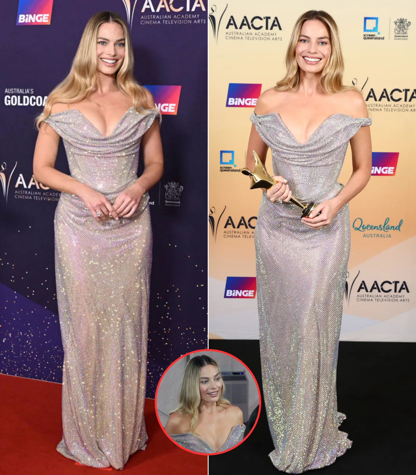 Barbie star Margot Robbie stuns in plunging gown on red carpet at awards bash in Australia