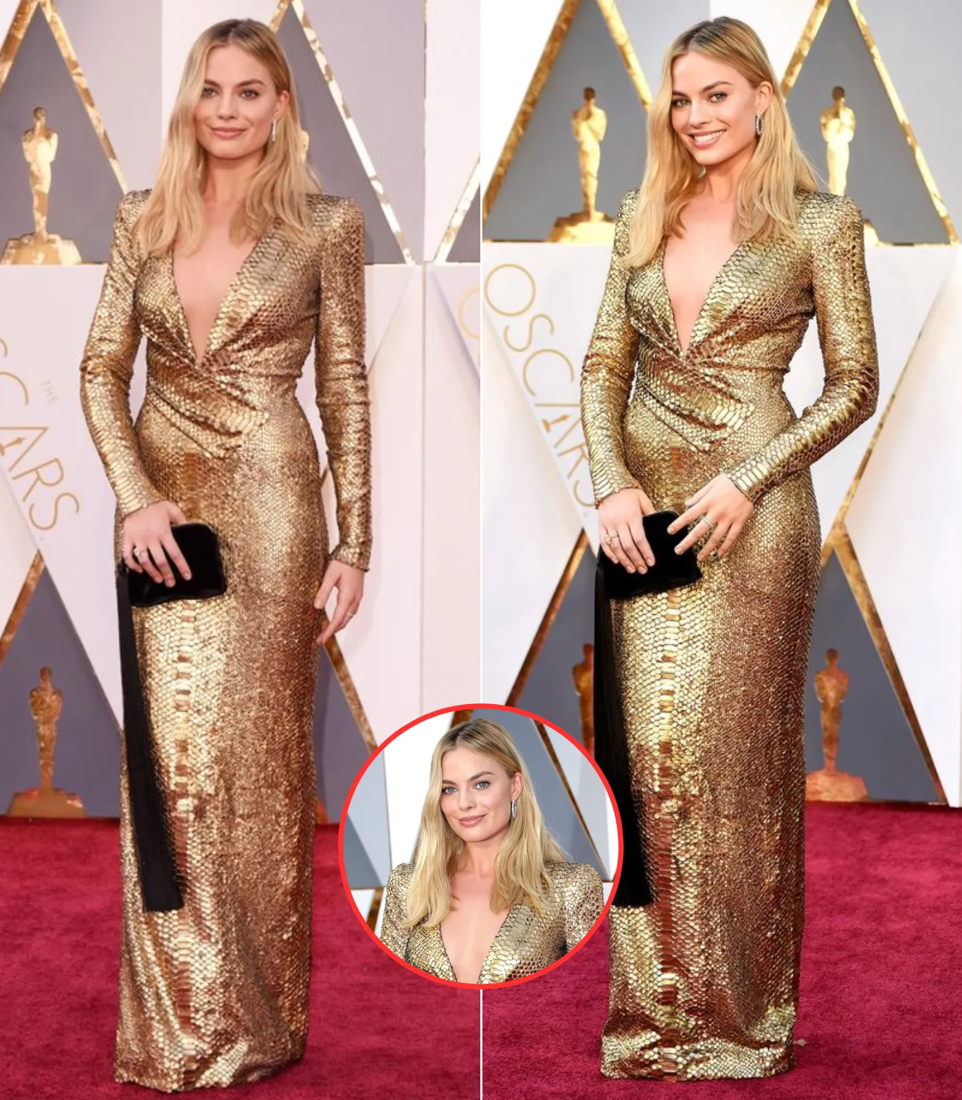 Golden girl! Margot Robbie stuns in a plunging gold snakeskin gown as she attends the Oscars
