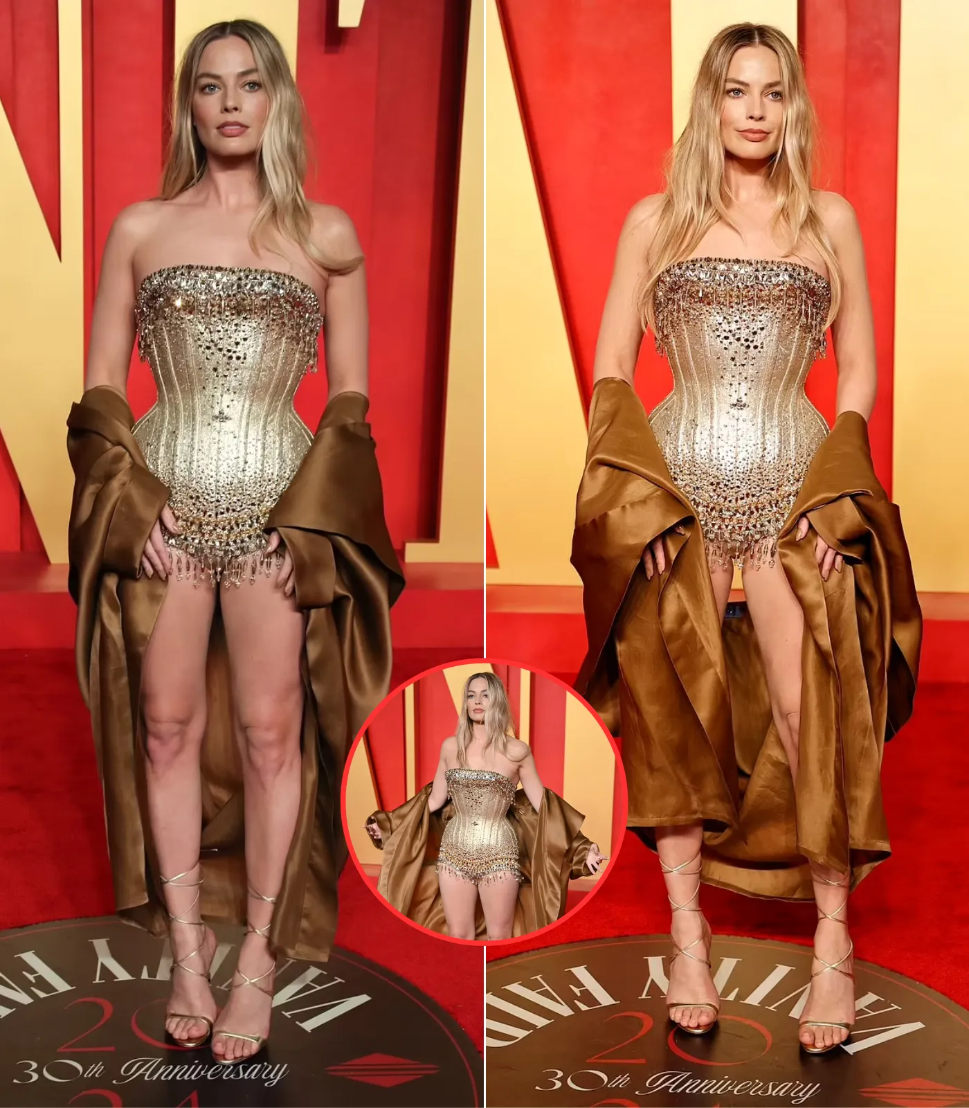 Margot Robbie's Oscar statue look! Barbie star looks uncomfortable as she poses in stiff corset at Vanity Fair Oscar Party