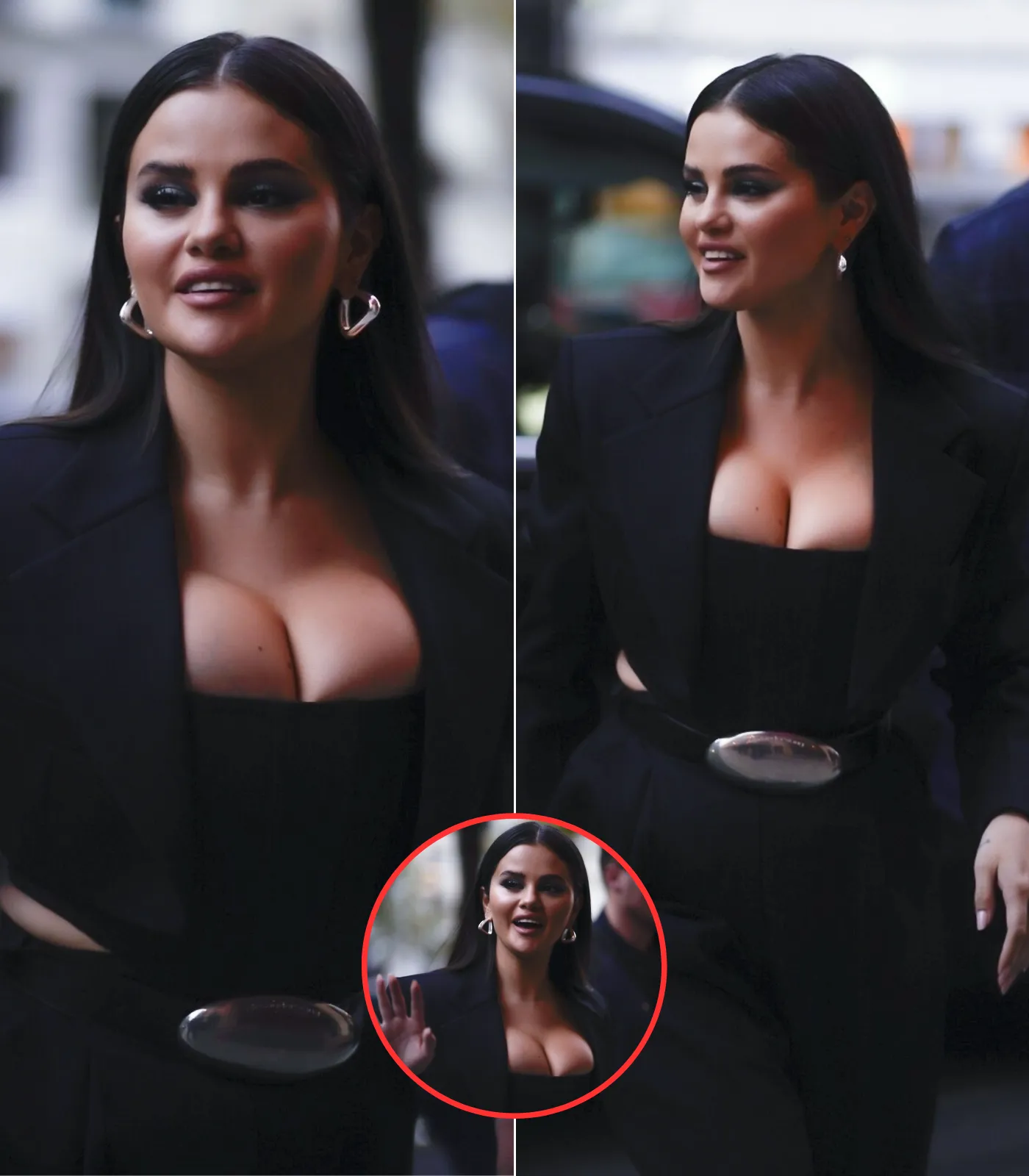 Selena Gomez puts on a busty display in a plunging black bodysuit as she leaves her hotel in Paris during Fashion Week