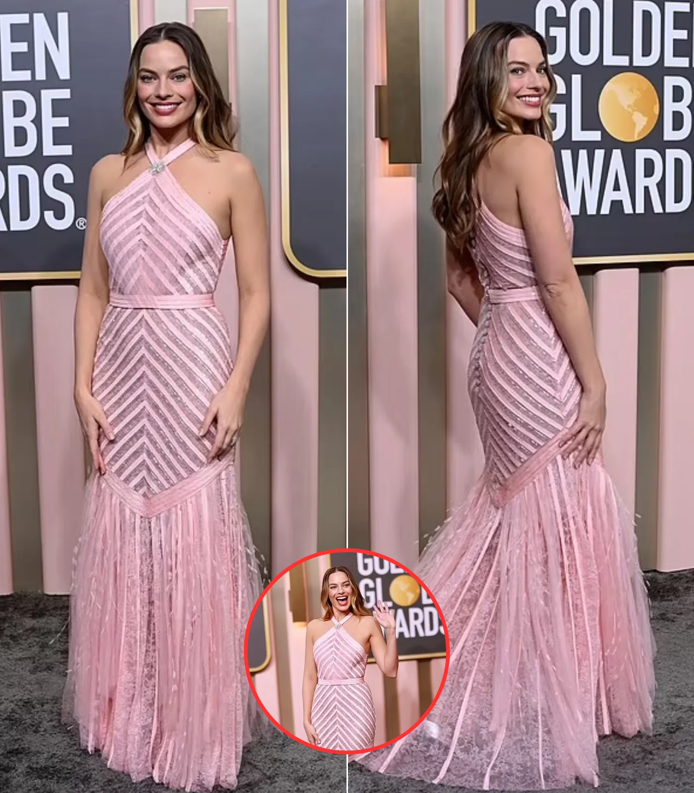Barbie girl! Margot Robbie is pretty in a pink sheer sequinned Chanel dress as she dazzles on the red carpet at the Golden Globes