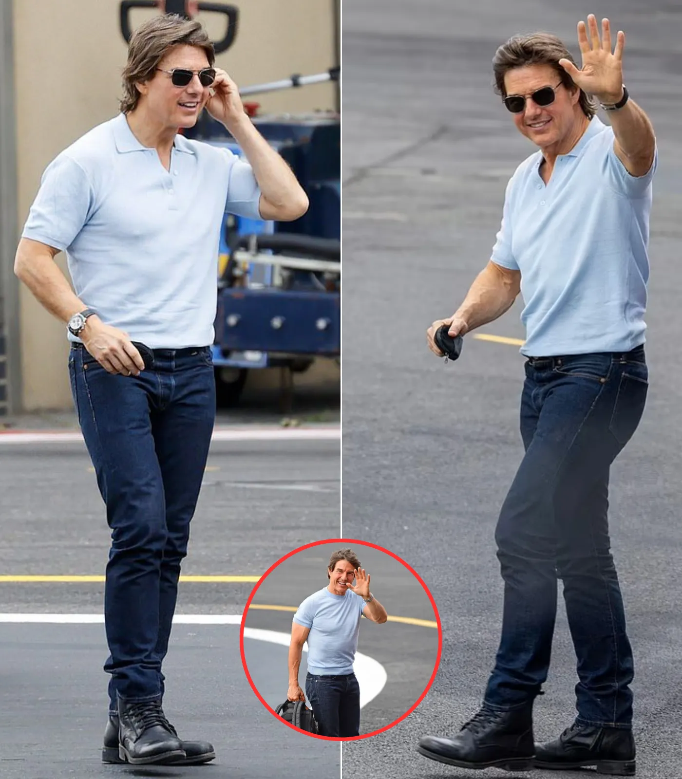 Tom Cruise keeps it cosy in polo t-shirt as he leaves Battersea heliport on his private helicopter
