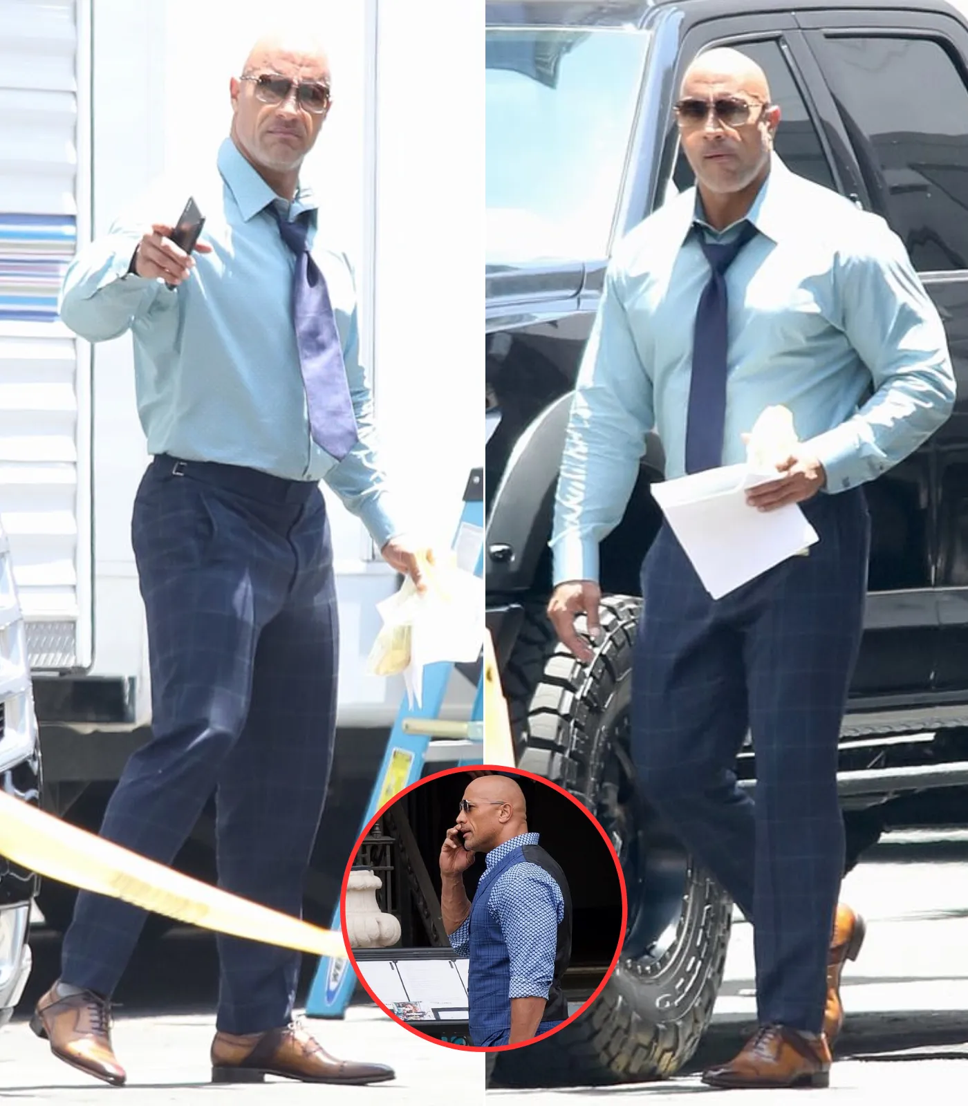 Dwayne 'The Rock' Johnson wears plaid trousers with button up shirt and tie while on the set of Ballers