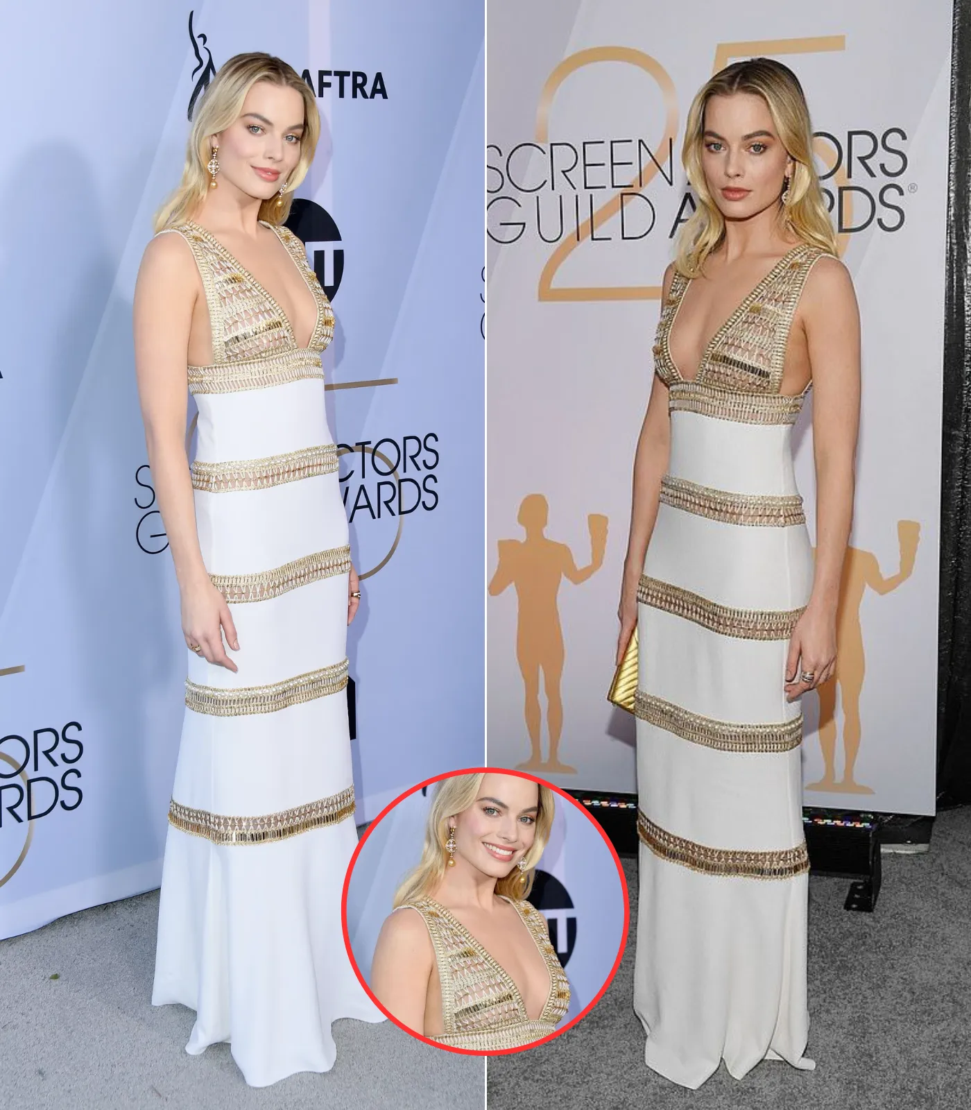 Margot Robbie stuns in plunging white-and-gold gown as she arrives at the SAG Awards in Los Angeles