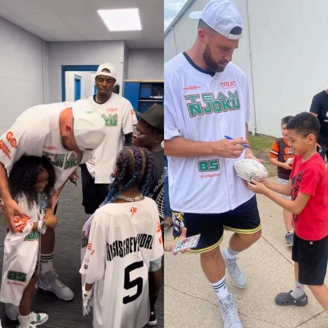 Travis Kelce 'the purest dude I've ever met' says David Njoku - as Taylor Swift's boyfriend ends softball charity day by meeting star-struck kids