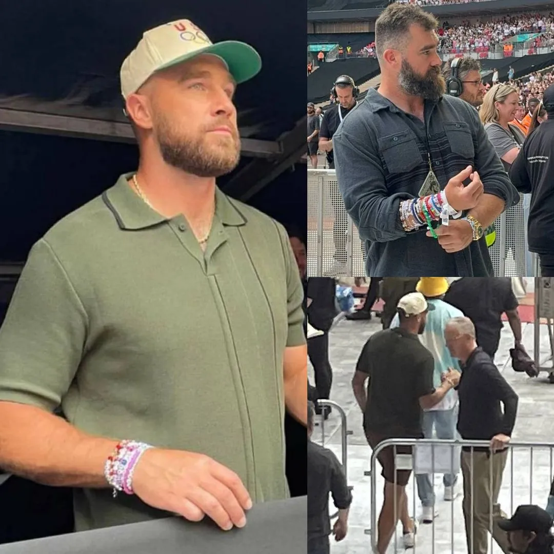 Fans go wild as Travis Kelce is joined by brother Jason, his sister-in-law Kylie and dad Ed to watch girlfriend Taylor Swift's Eras Tour show at Wembley Stadium