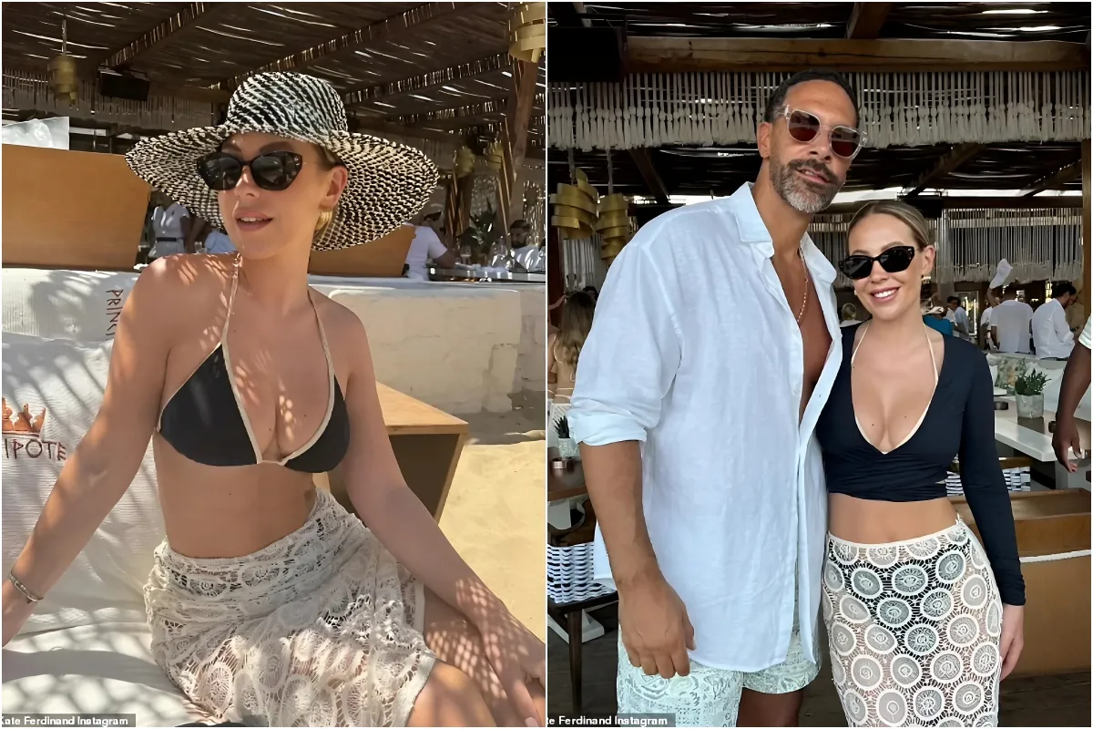 Kate Ferdinand shows off her amazing figure in a black bikini as she soaks up the sun at a beach club in Mykonos with husband Rio liennhi