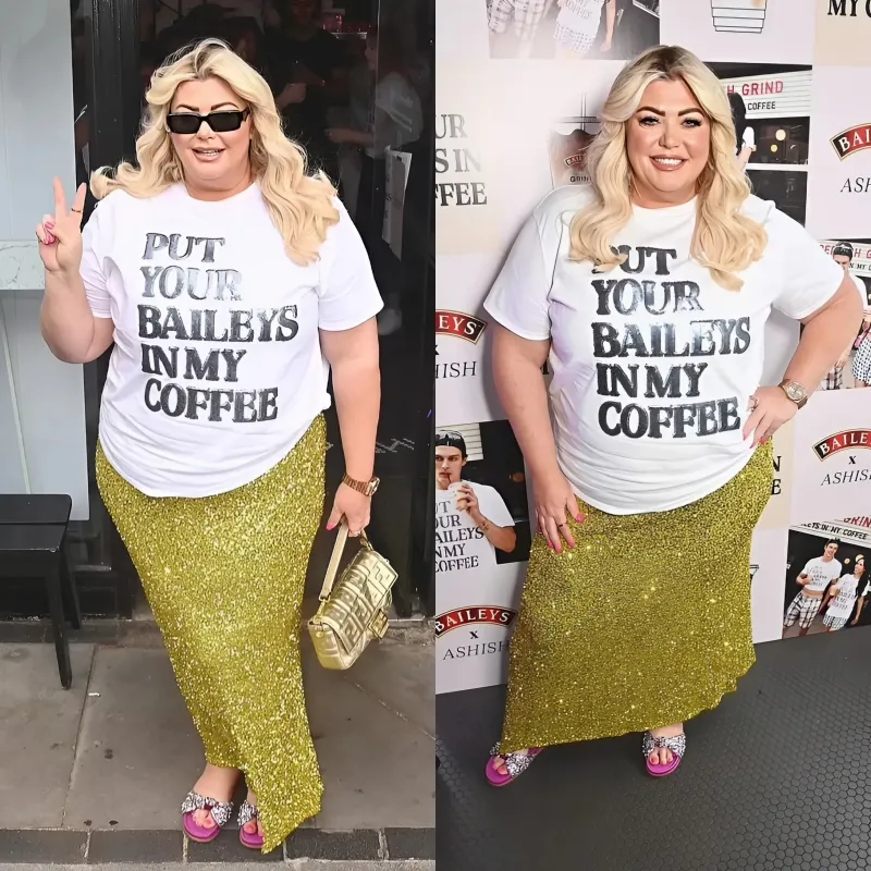 Gemma Collins shows off her weight loss in a white T-shirt and shimmering green skirt as she attends ngocc