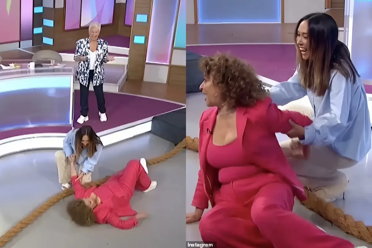 Loose Women's Nadia Sawalha falls over in savage tug of war game as the presenter leaves co-hosts in hysterics after unexpected tumble on live TV ngocc