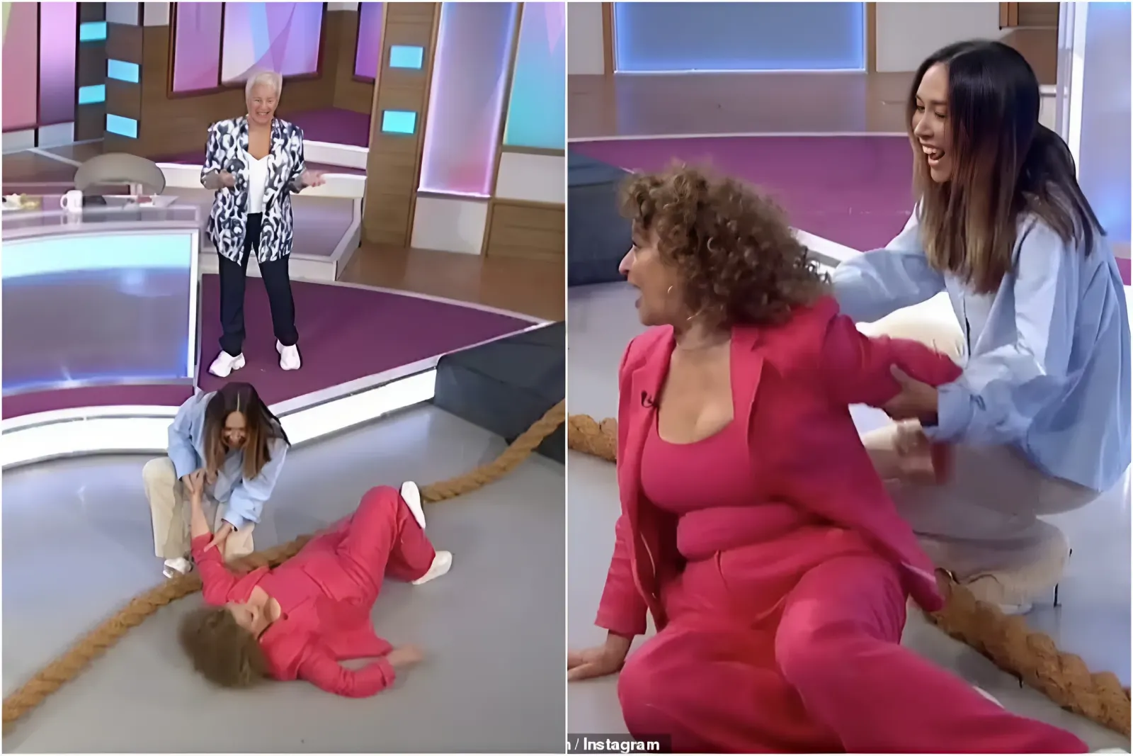 Loose Women's Nadia Sawalha falls over in savage tug of war game as the presenter leaves co-hosts in hysterics after unexpected tumble on live TV trucc