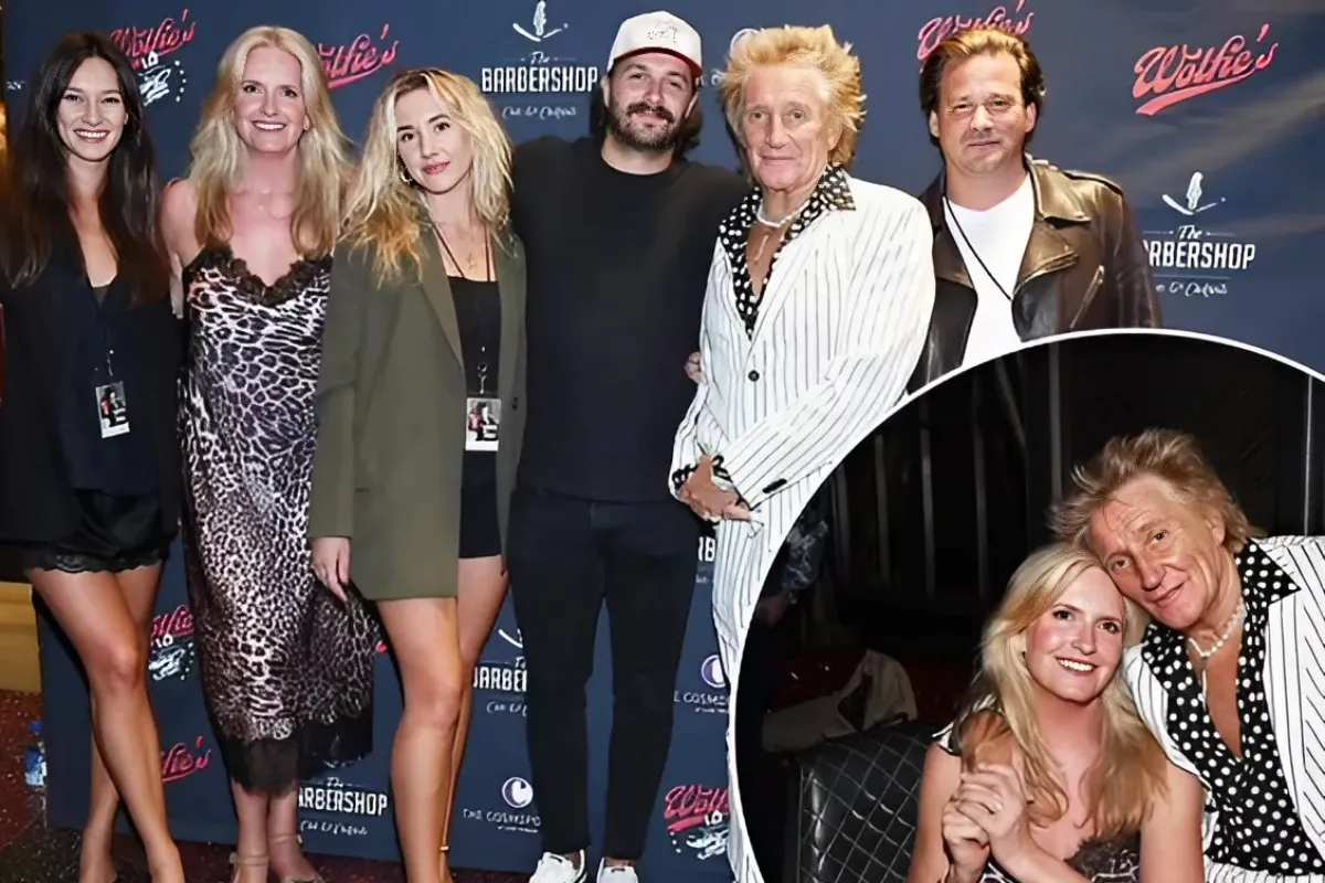 Rod Stewart, 79, and wife Penny Lancaster, pose for a rare group snap with his children as they celebrate the anniversary of his whisky brand in Las Vegas ngocc