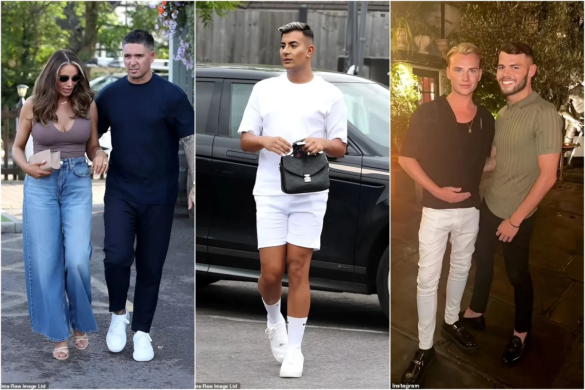 TOWIE's Amy Childs looks less than impressed as she and fiancé Billy Delbosq have an awkward run-in with her cousin Harry Derbidge's ex Joe Blackman and his rumoured new boyfriend and co-star Junaid Ahmed liennhi