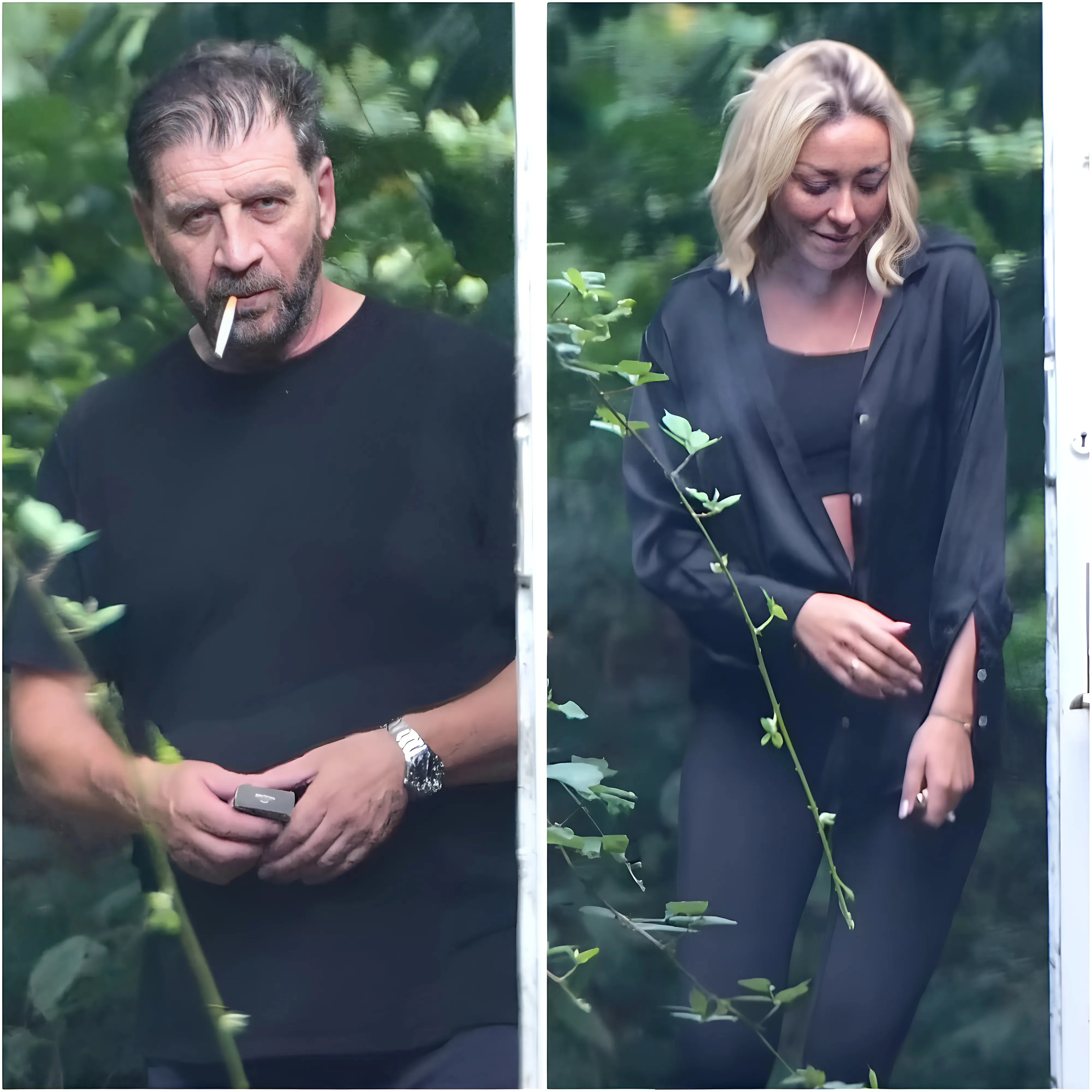 Rehearsals going well, then? Strictly Come Dancing star Nick Knowles looks drained as he takes a smoke break with Luba Mushtuk - after admitting he has to 'crawl' to his car after gruelling choreography sessions - suong