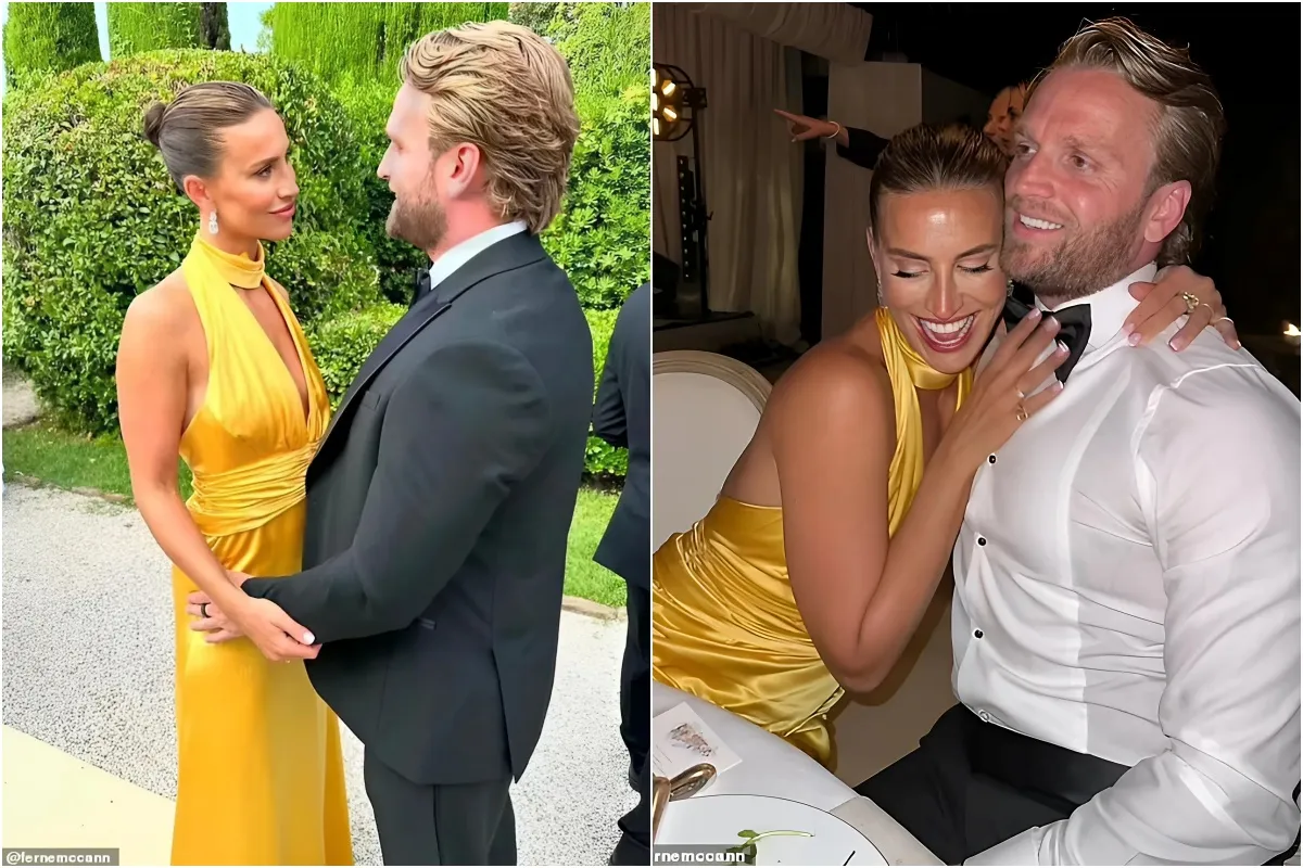 Ferne McCann sets pulses racing in plunging mustard gown as she and fiancé Lorri Haines put on a loved-up display at a friend's wedding liennhi