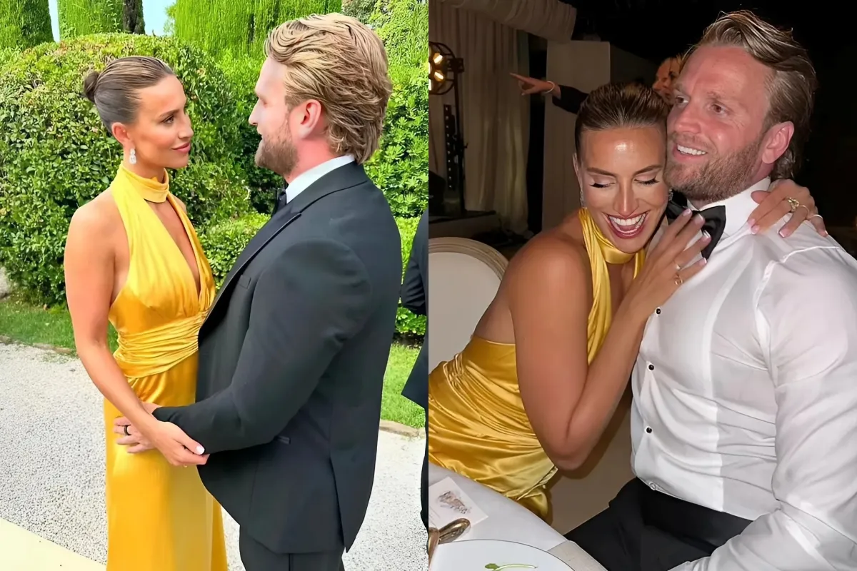 Ferne McCann sets pulses racing in plunging mustard gown as she and fiancé Lorri Haines put on a loved-up display at a friend's wedding ngocc