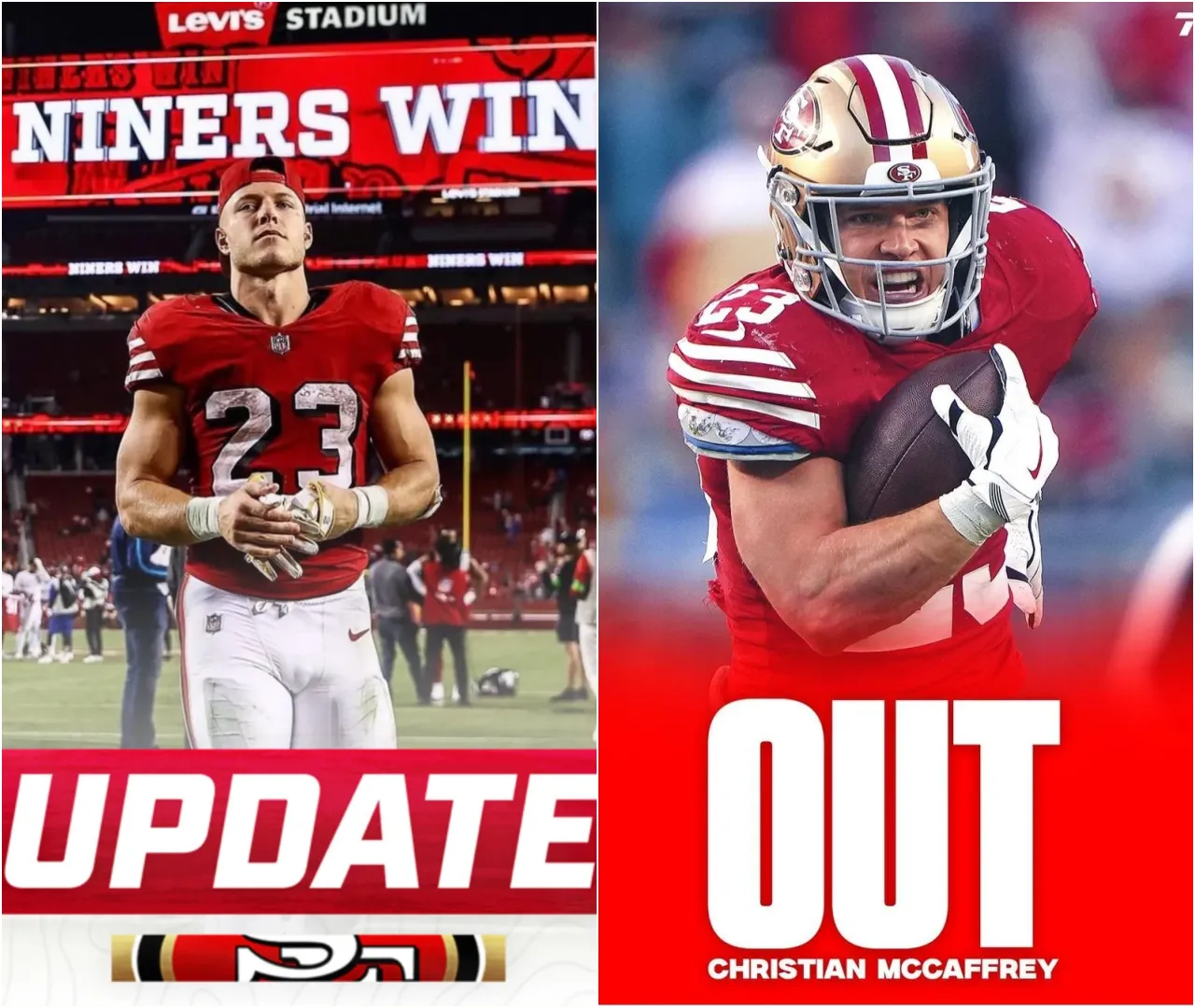 Breaking: The San Francisco 49ers have ruled out RB Christian McCaffrey for Sunday’s game vs. the Vikings due to his calf injury and Achilles tendonitis. Kyle Shanahan told reporters that his team now is considering putting Christian McCaffrey on IR.
