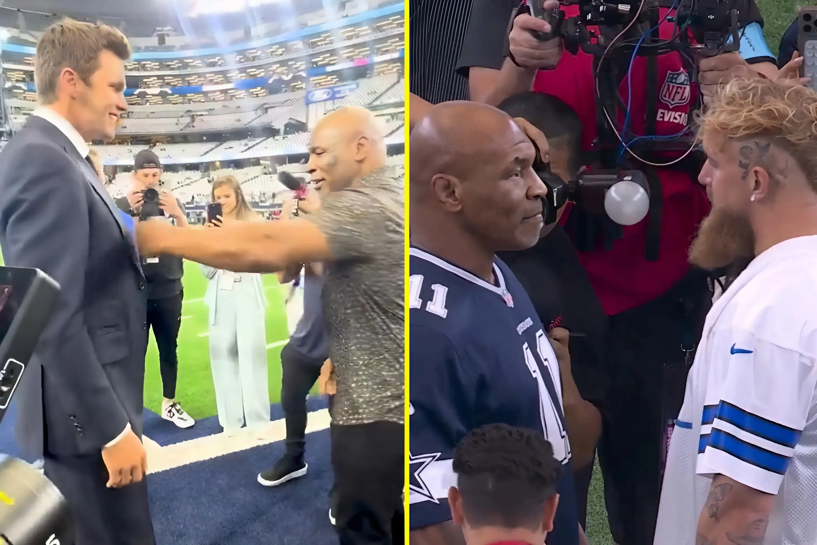 ‘Are you scared?’ – Mike Tyson playfully jabs Tom Brady at Cowboys game before squaring off with Jake Paul