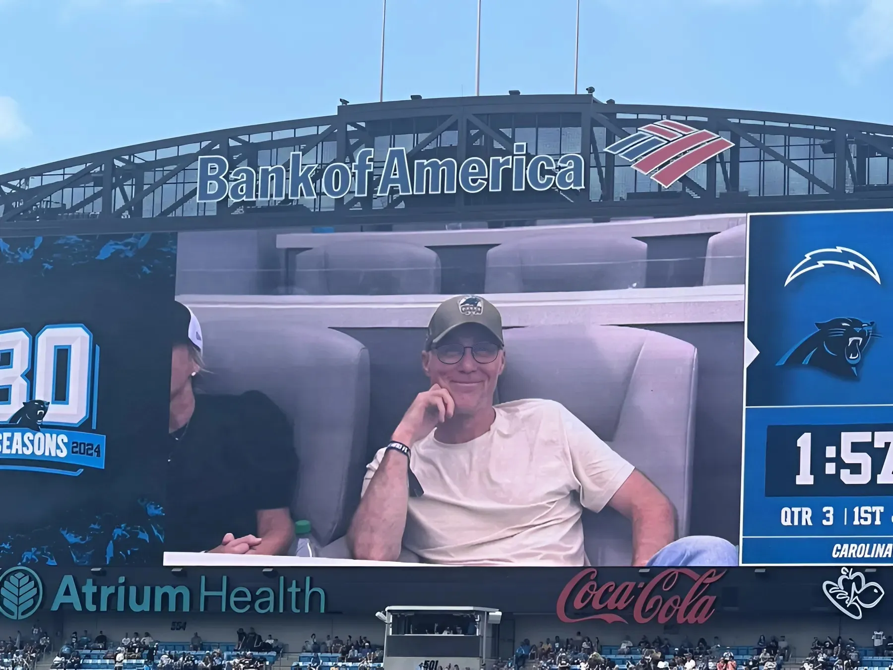 Kevin Harvick gets close-up on Carolina Panthers jumbotron during NASCAR Cup Series playoff race day