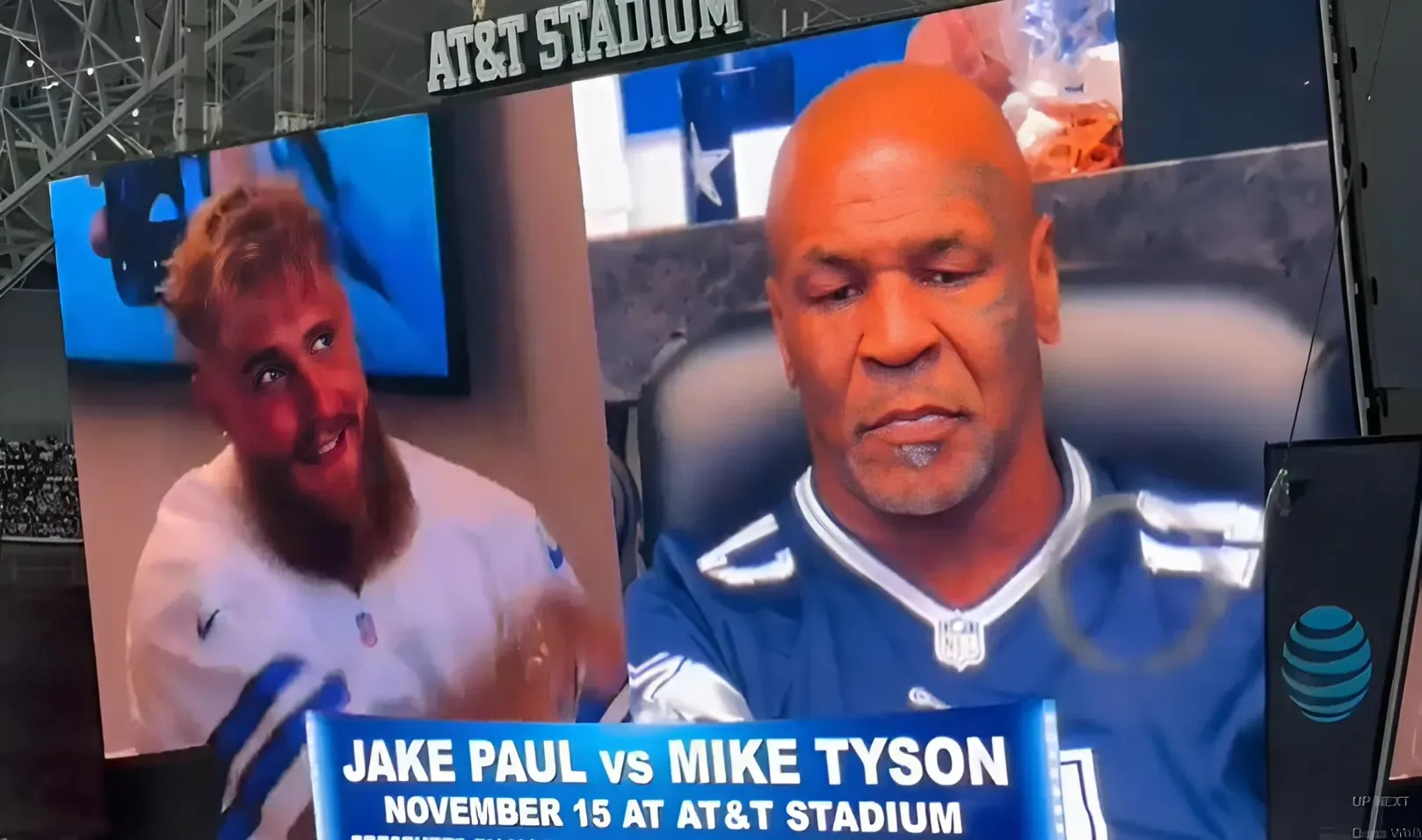 Jake Paul mocks miserable-looking Mike Tyson on big screen after pitch face-off at Dallas Cowboys game