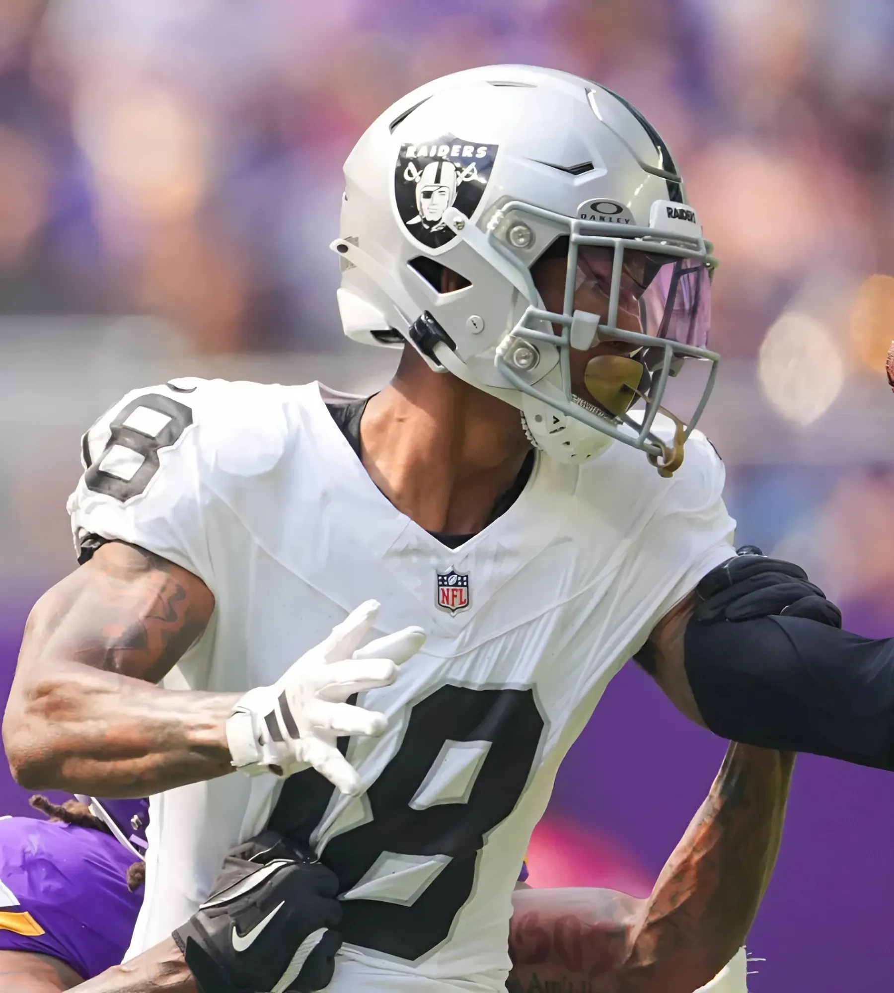 Las Vegas Raiders cornerback Jack Jones does his best impersonation of himself during practice with sweet interception