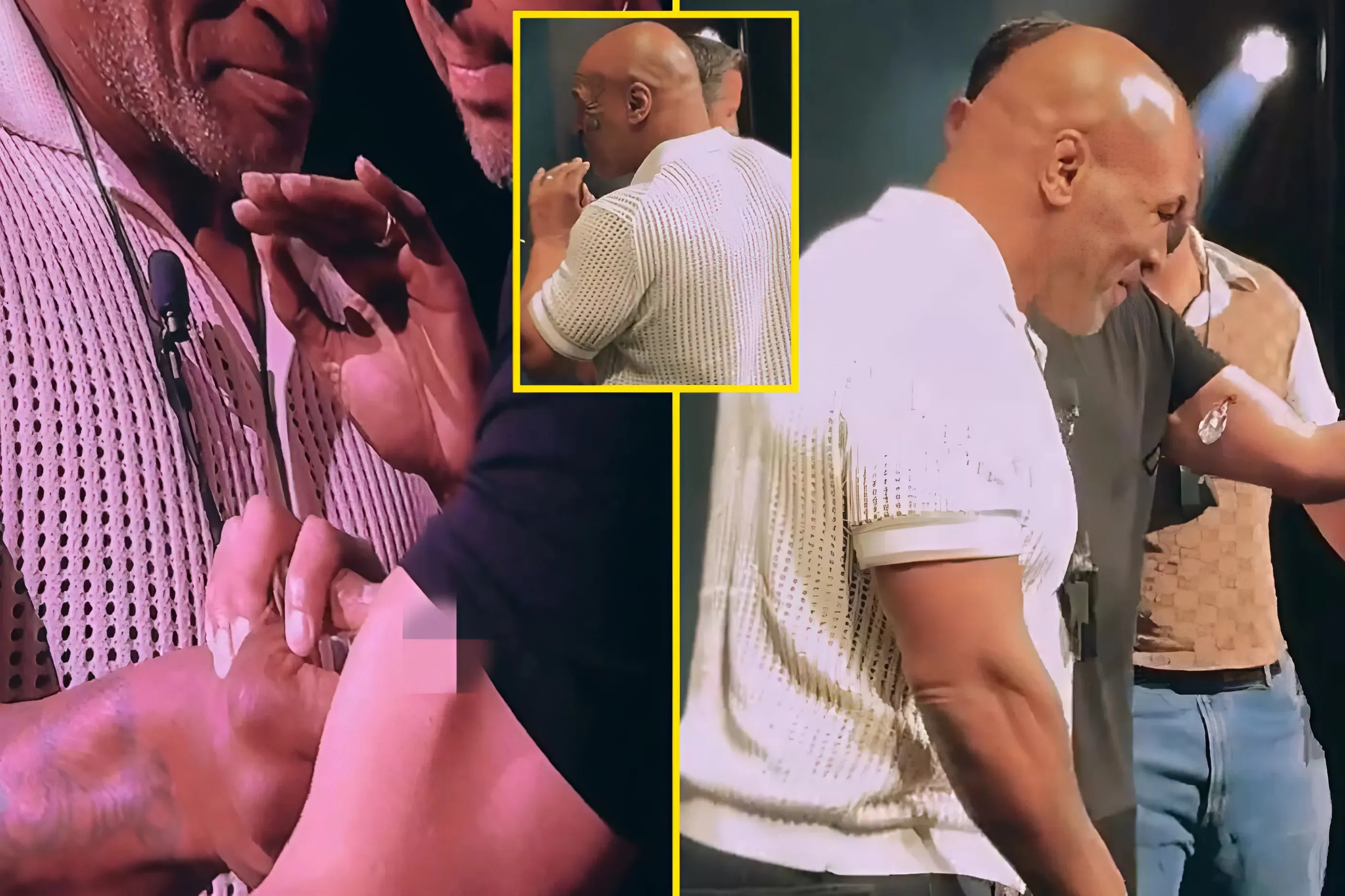 Mike Tyson grimaces and gags as he shoves screwdriver through David Blaine’s arm during gruesome magic trick