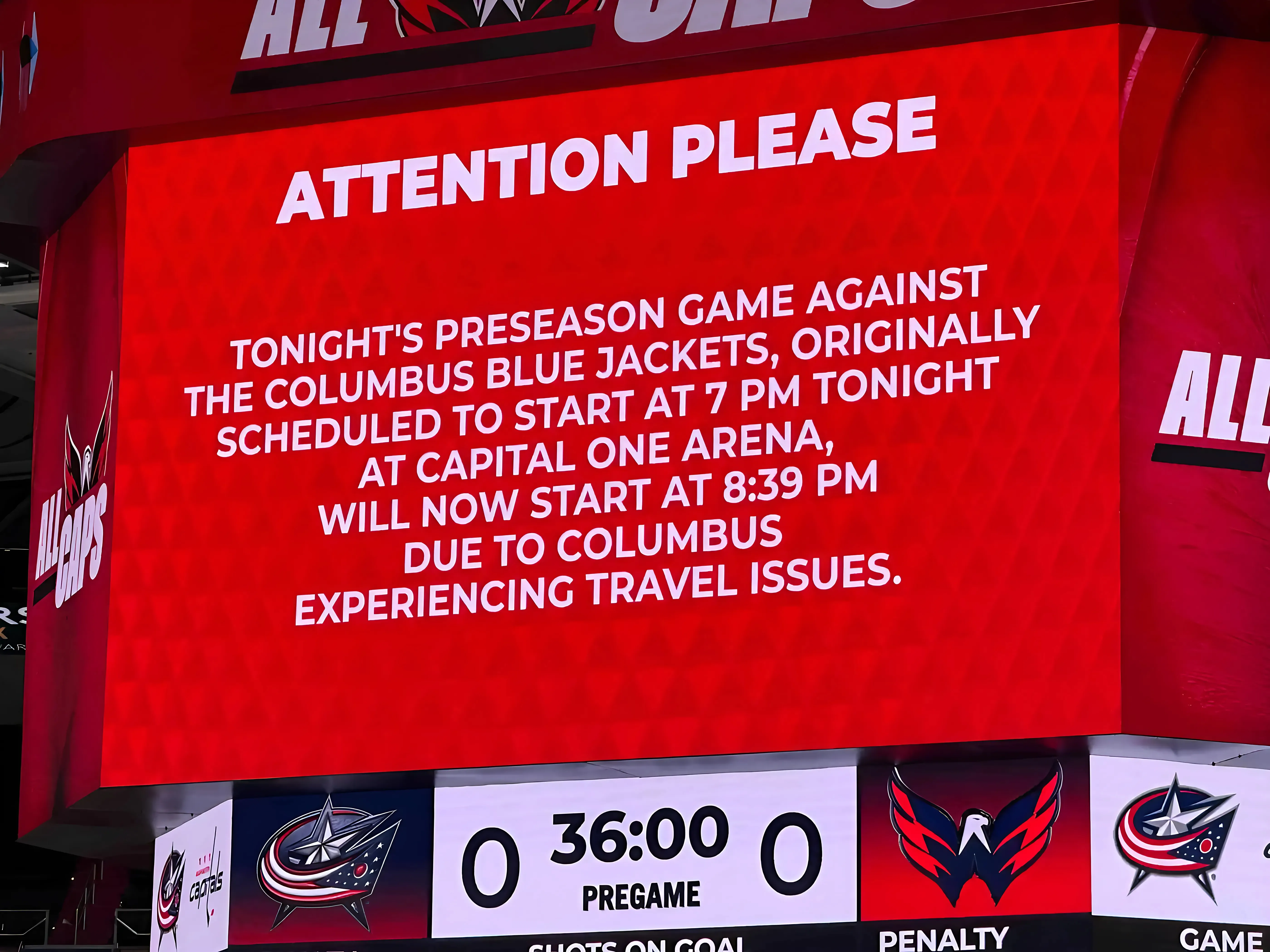 Start of Capitals preseason game against Blue Jackets pushed back due to travel issues trucc