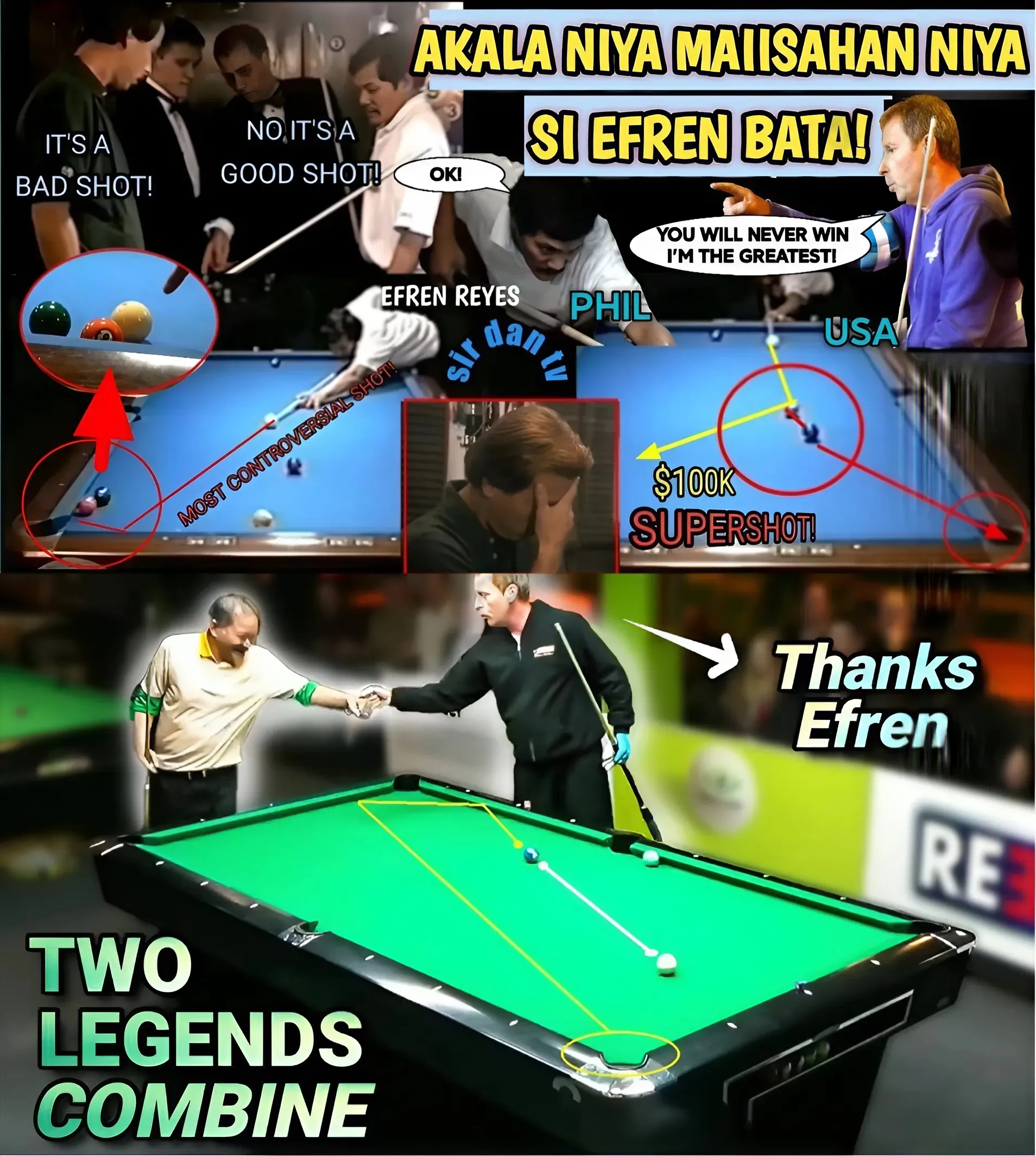 One of Magician Efren Bata Reyes' biggest games against America's greatest pool player and named the 8th Greatest Player of the Century by Billiard Digest is no exaggeration for Efren Bata!