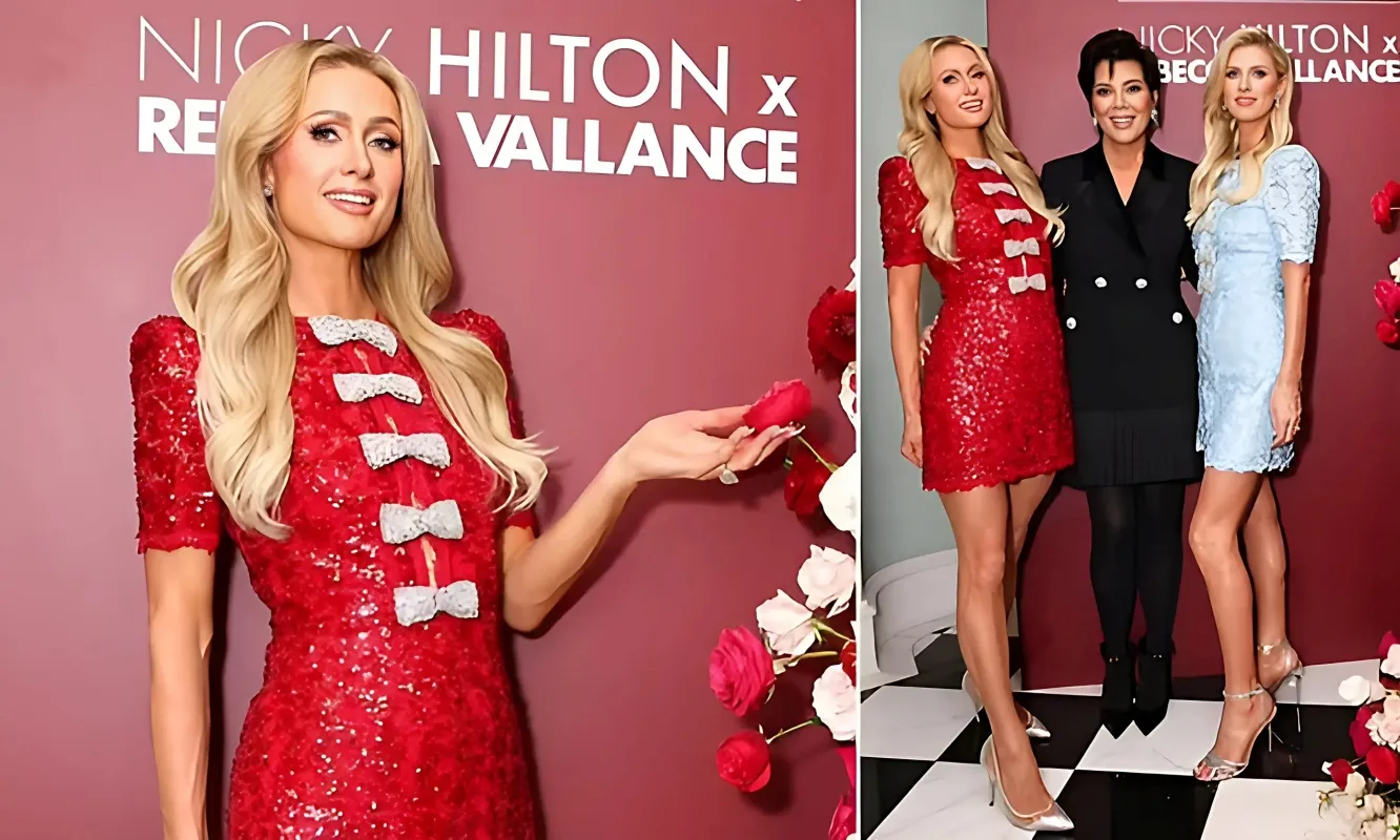 Paris Hilton shows off her legs in red mini dress as she joins Kris Jenner at the launch of sister Nicky Hilton's holiday collection in LA - lulu