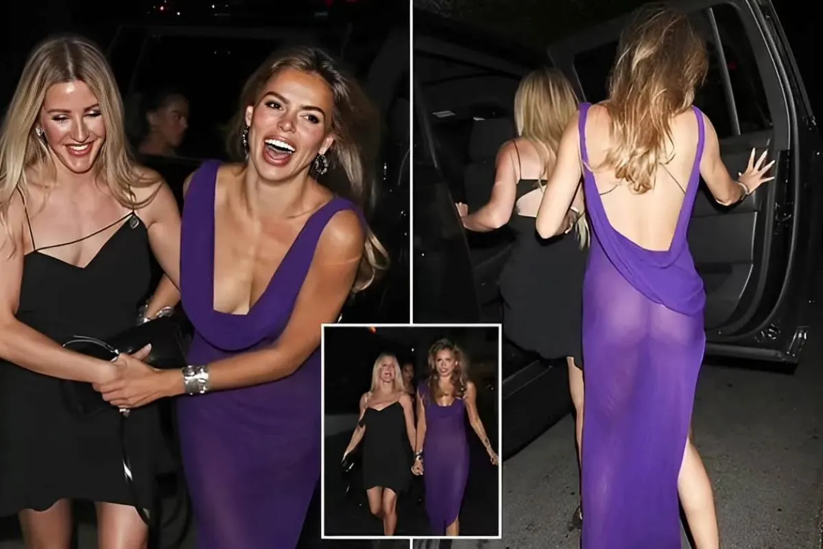 Brooks Nader commands attention in a sheer purple dress as she makes a giddy departure with leggy Ellie Goulding from a party in Los Angeles tram